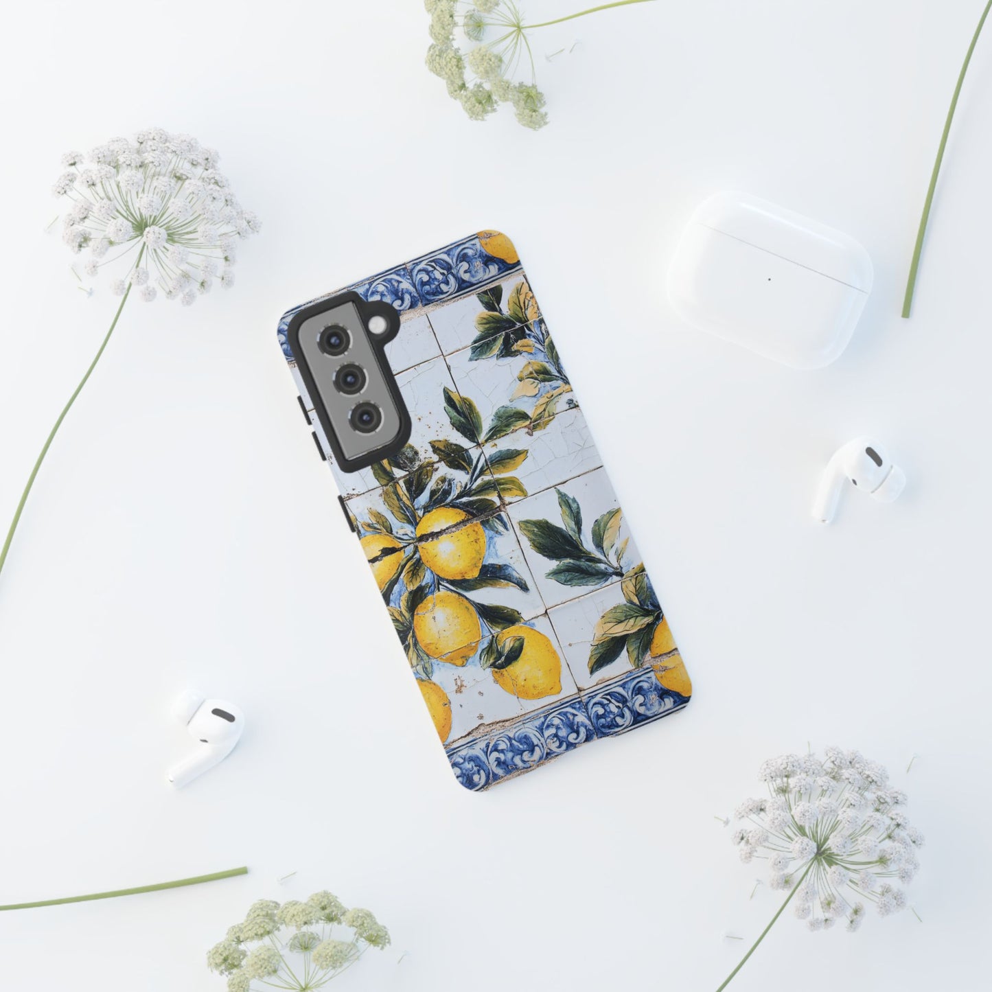 Phone Case, Coastal Tough Case With Lemons in Distressed Ceramic Tile Design, Protective Cover, Summer Accessory, Mediterranean Style iPhone