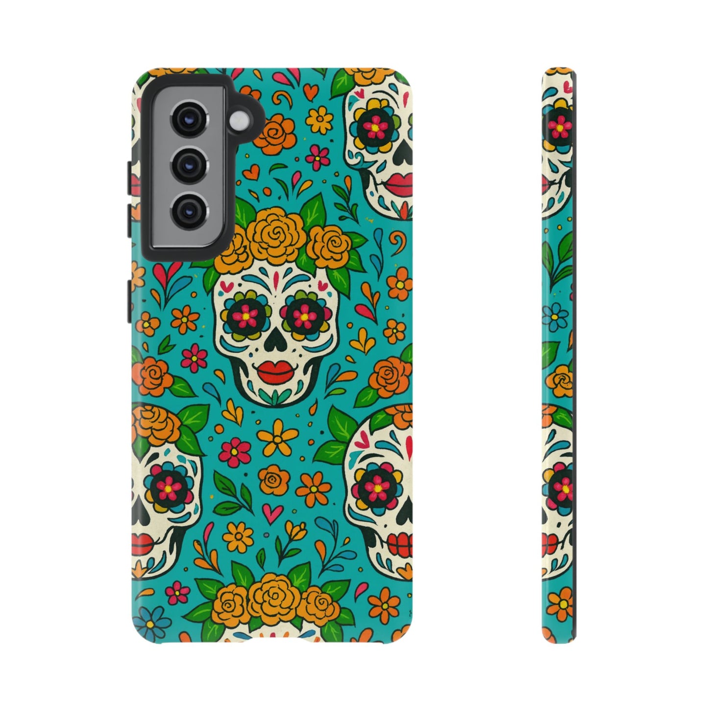 Teal Mexican Style Phone Cases With Floral Skulls - Dia De Los Muertos