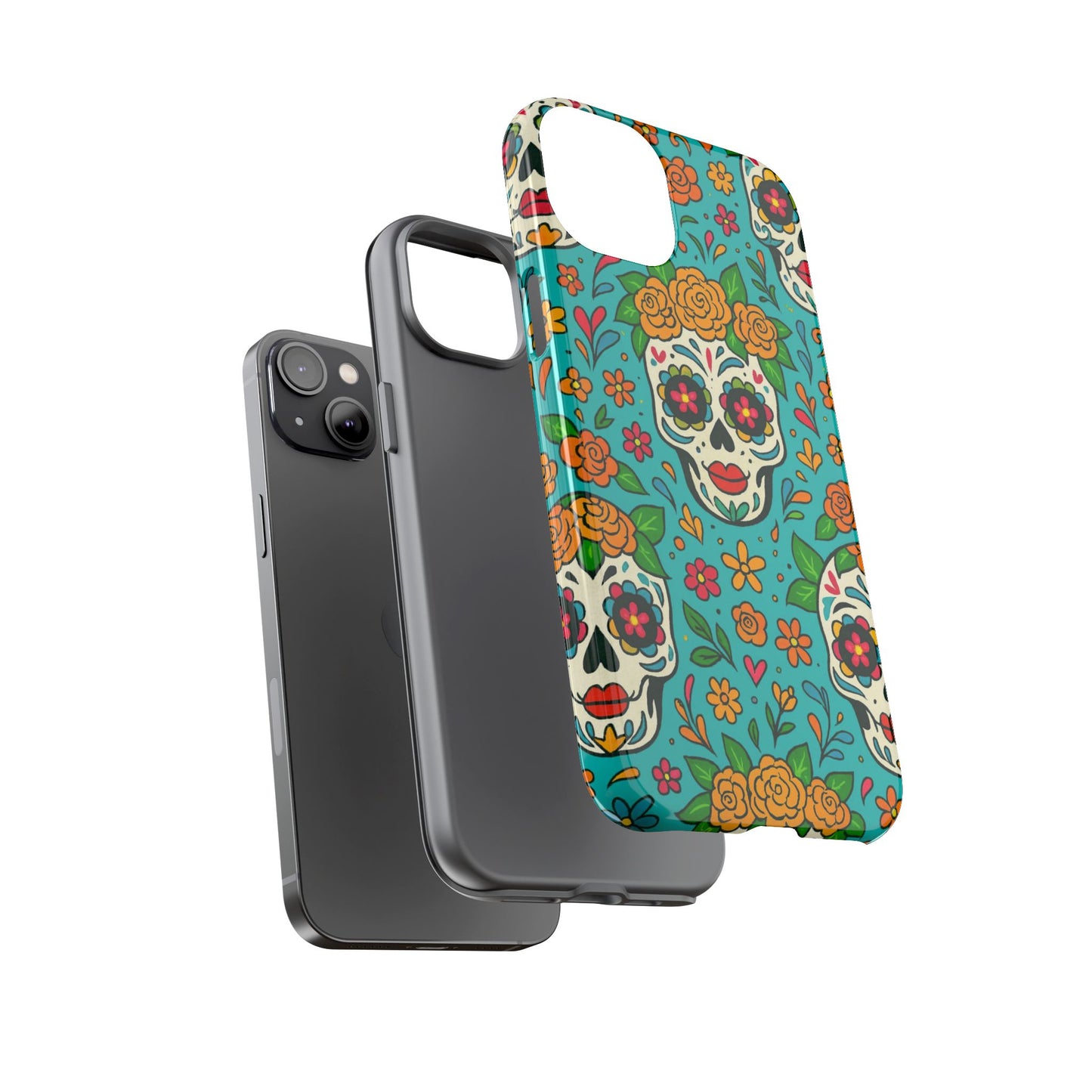 Teal Mexican Style Phone Cases With Floral Skulls - Dia De Los Muertos