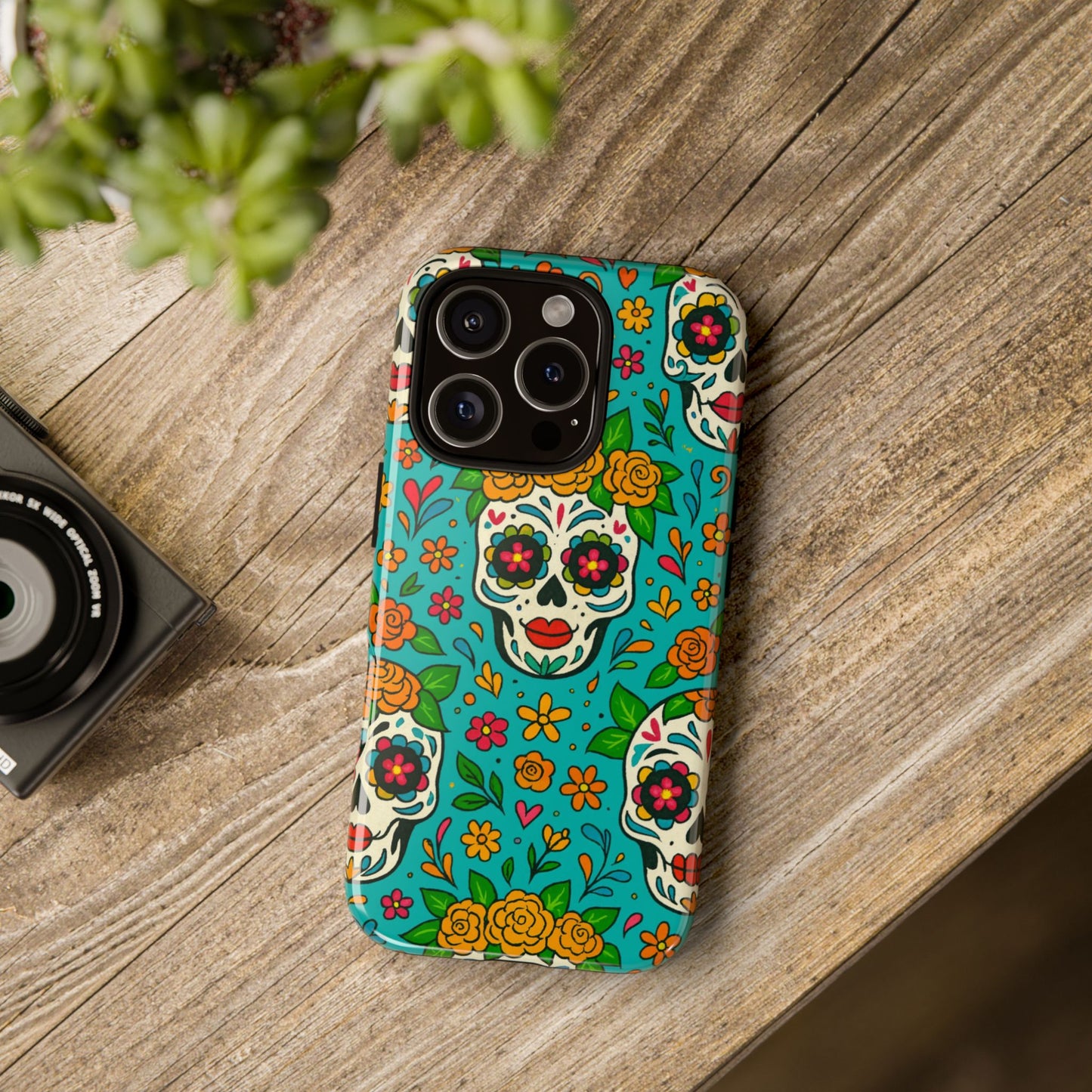 Teal Mexican Style Phone Cases With Floral Skulls - Dia De Los Muertos