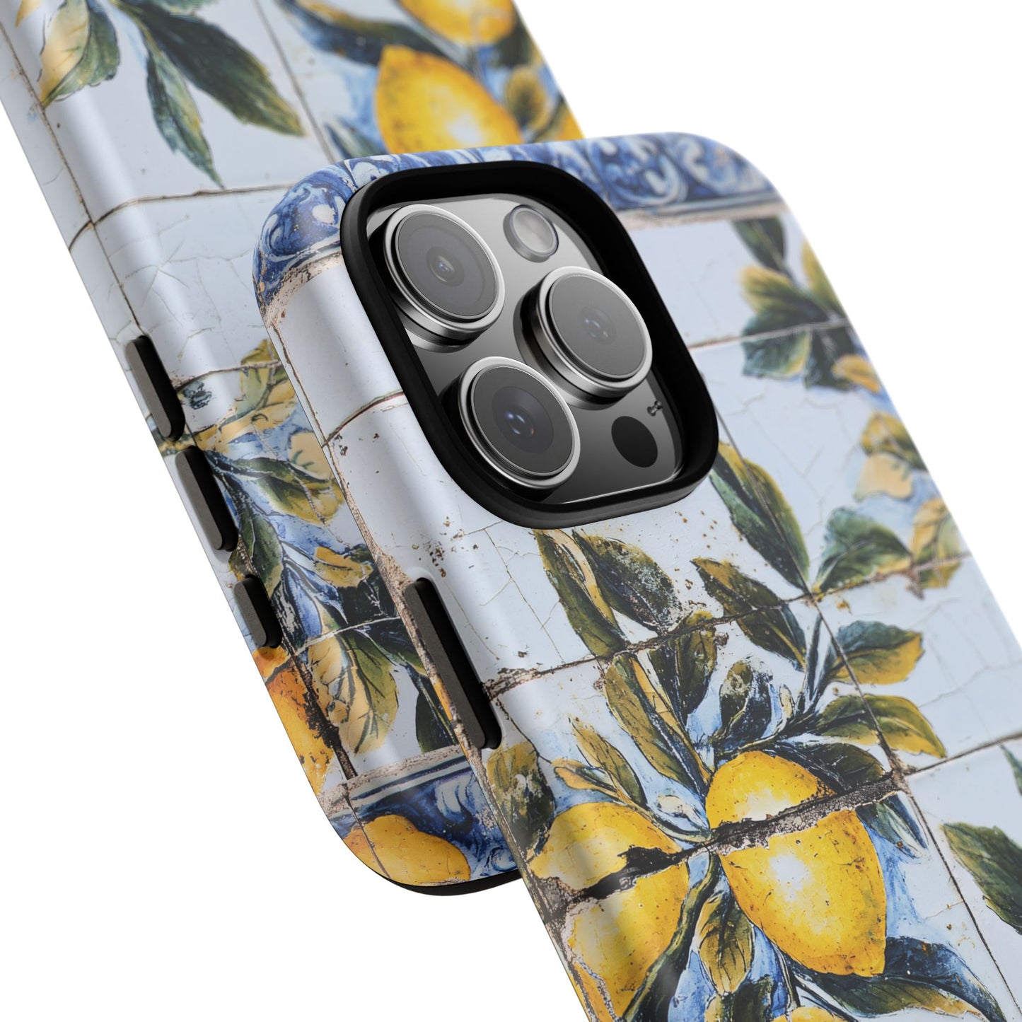 Phone Case, Coastal Tough Case With Lemons in Distressed Ceramic Tile Design, Protective Cover, Summer Accessory, Mediterranean Style iPhone