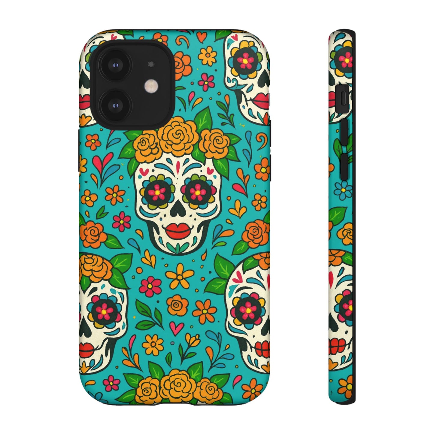 Teal Mexican Style Phone Cases With Floral Skulls - Dia De Los Muertos