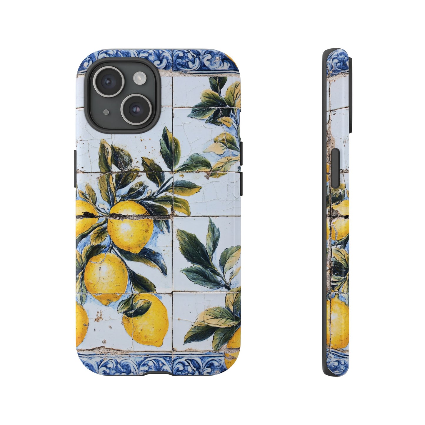 Phone Case, Coastal Tough Case With Lemons in Distressed Ceramic Tile Design, Protective Cover, Summer Accessory, Mediterranean Style iPhone