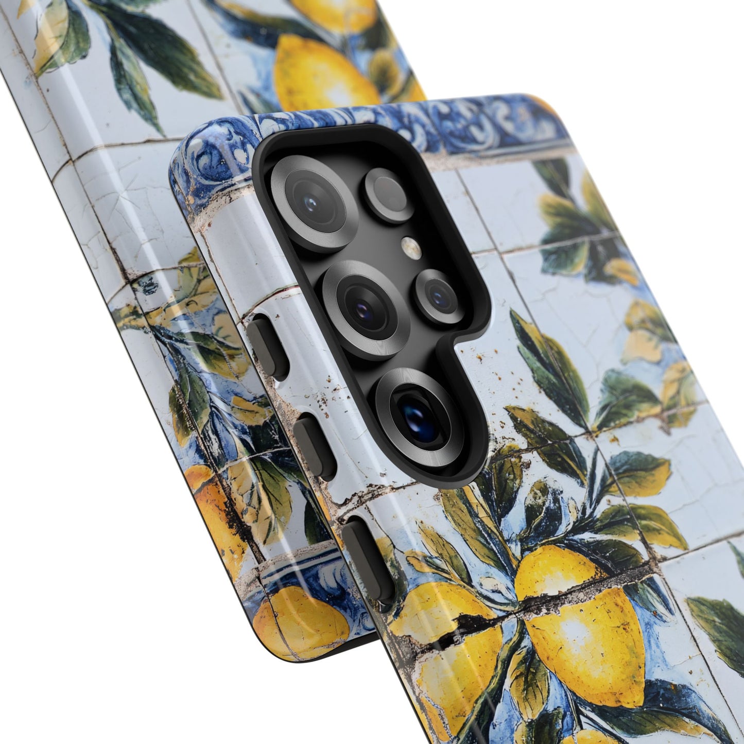 Phone Case, Coastal Tough Case With Lemons in Distressed Ceramic Tile Design, Protective Cover, Summer Accessory, Mediterranean Style iPhone