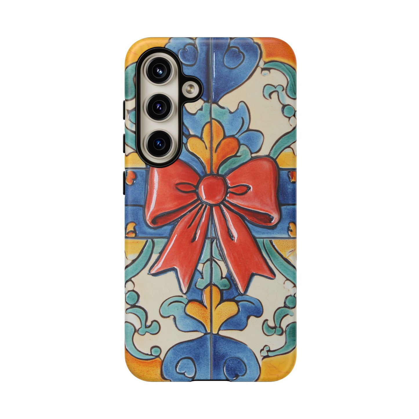 Colourful Ceramic Tile Design Phone Case With Red Bow