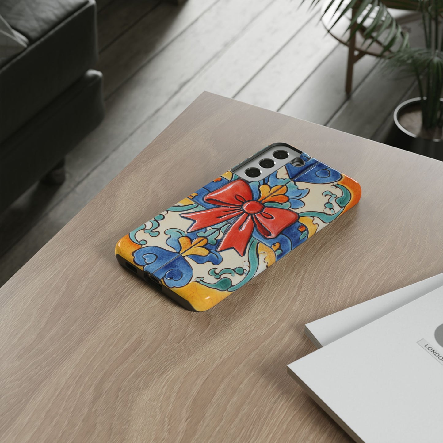 Colourful Ceramic Tile Design Phone Case With Red Bow