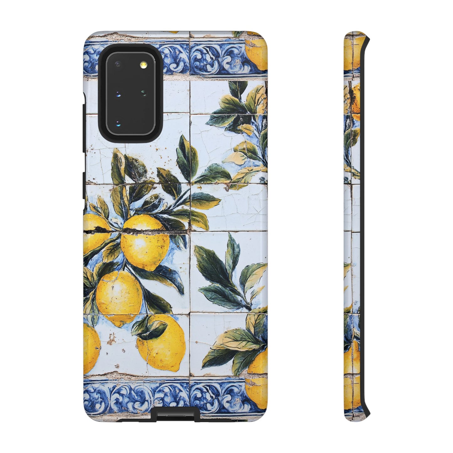 Phone Case, Coastal Tough Case With Lemons in Distressed Ceramic Tile Design, Protective Cover, Summer Accessory, Mediterranean Style iPhone