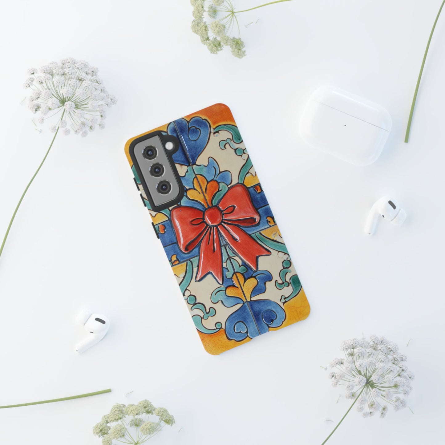 Colourful Ceramic Tile Design Phone Case With Red Bow