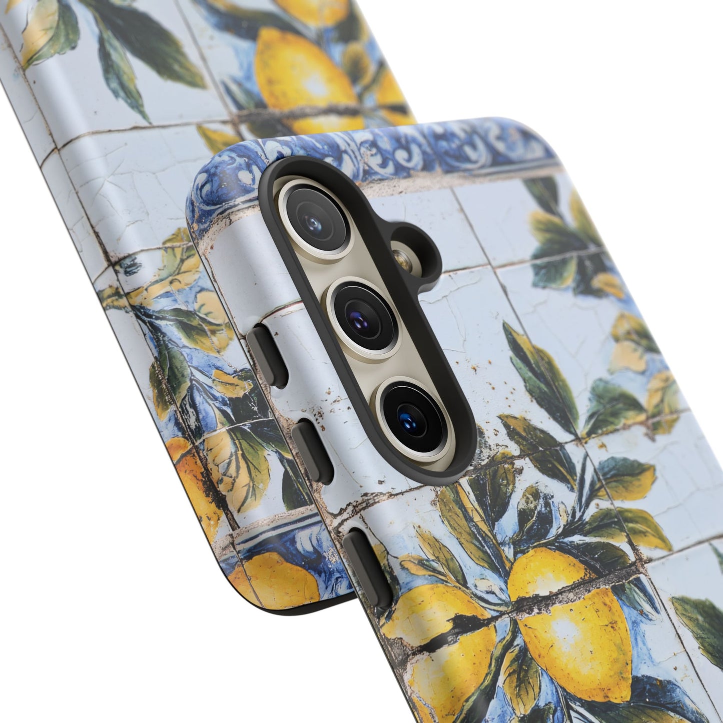 Phone Case, Coastal Tough Case With Lemons in Distressed Ceramic Tile Design, Protective Cover, Summer Accessory, Mediterranean Style iPhone