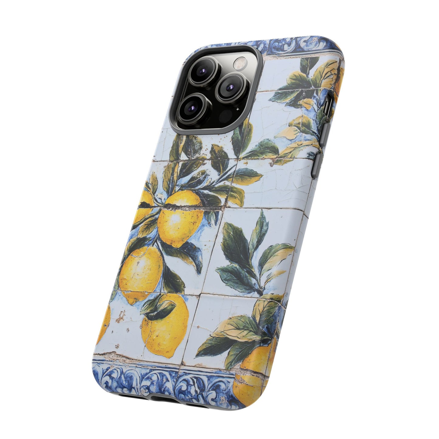 Phone Case, Coastal Tough Case With Lemons in Distressed Ceramic Tile Design, Protective Cover, Summer Accessory, Mediterranean Style iPhone