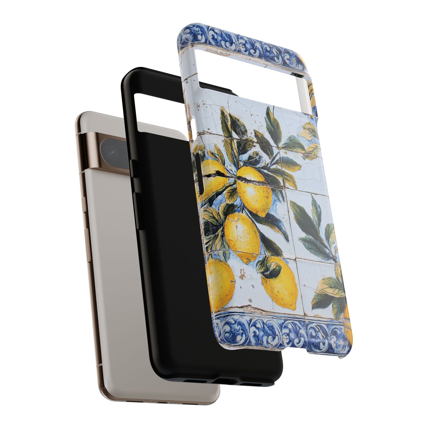 Phone Case, Coastal Tough Case With Lemons in Distressed Ceramic Tile Design, Protective Cover, Summer Accessory, Mediterranean Style iPhone