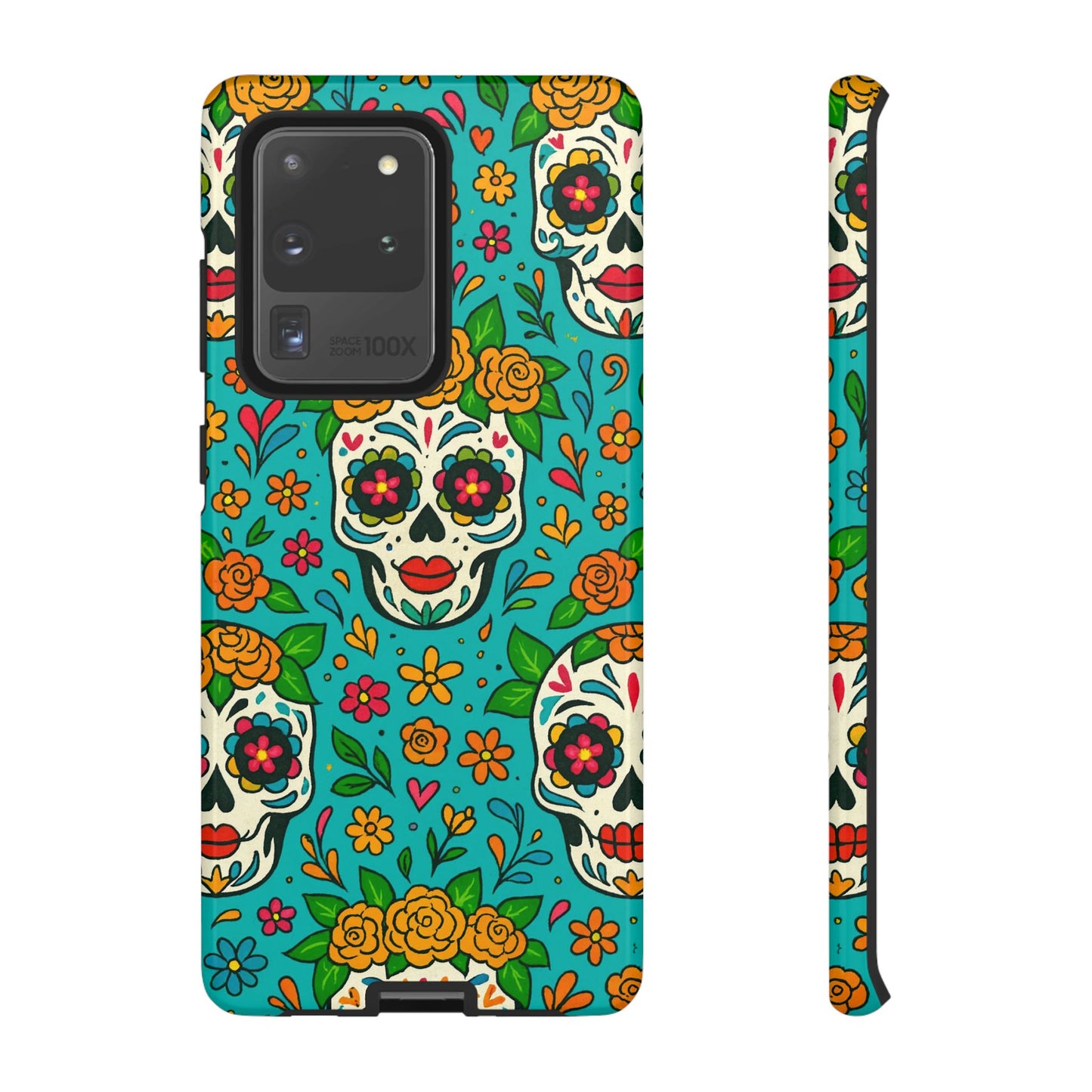 Teal Mexican Style Phone Cases With Floral Skulls - Dia De Los Muertos