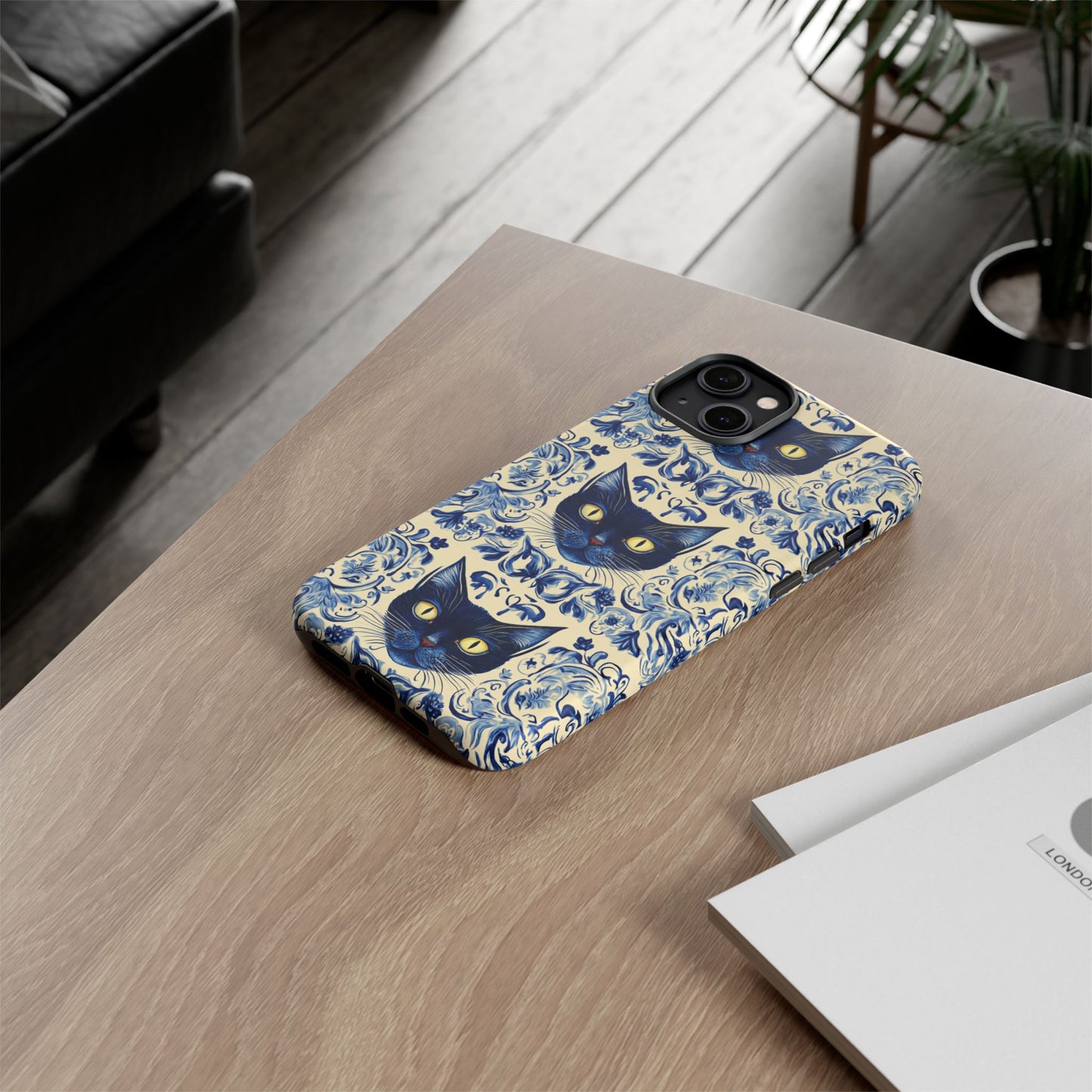 Tough Phone Case - Mediterranean Tile Motif With Blue Cats