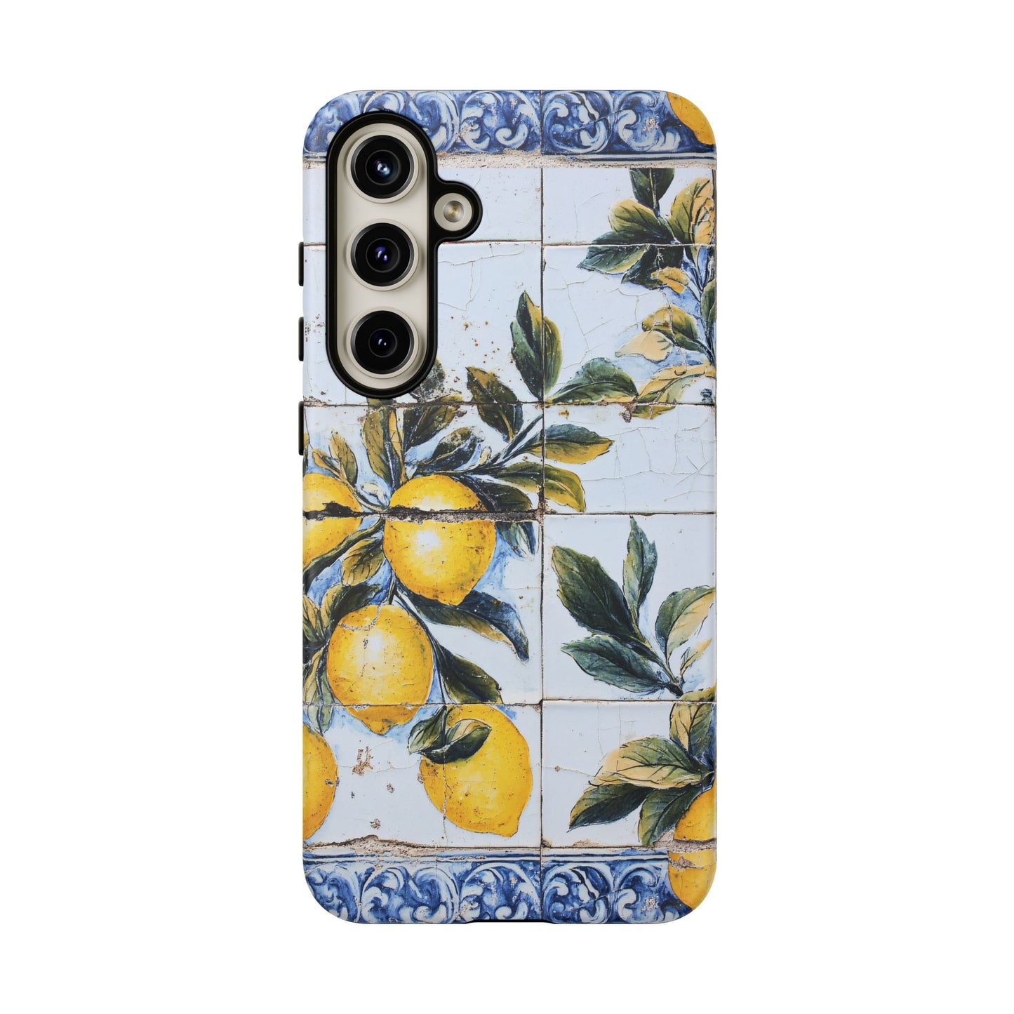 Phone Case, Coastal Tough Case With Lemons in Distressed Ceramic Tile Design, Protective Cover, Summer Accessory, Mediterranean Style iPhone