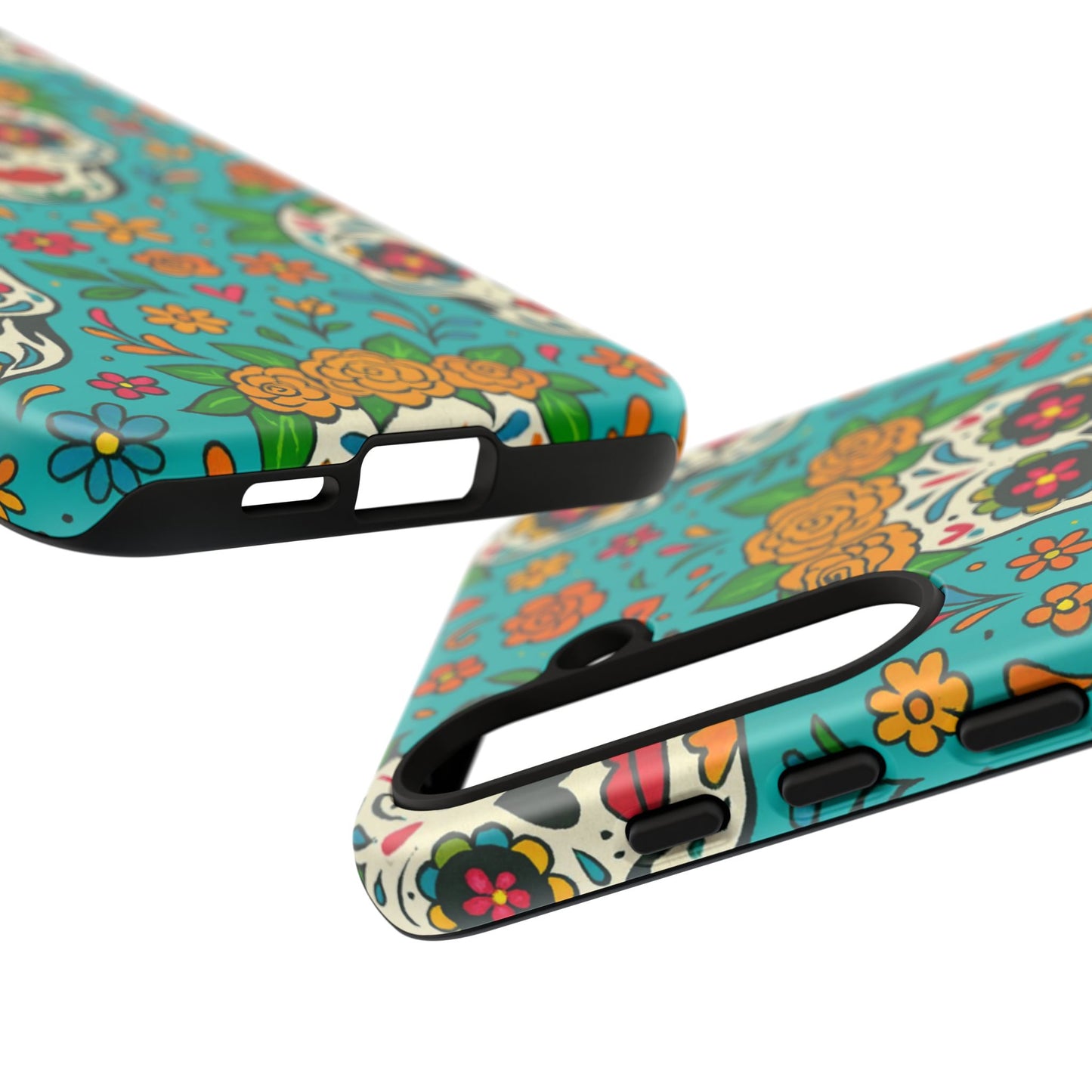 Teal Mexican Style Phone Cases With Floral Skulls - Dia De Los Muertos