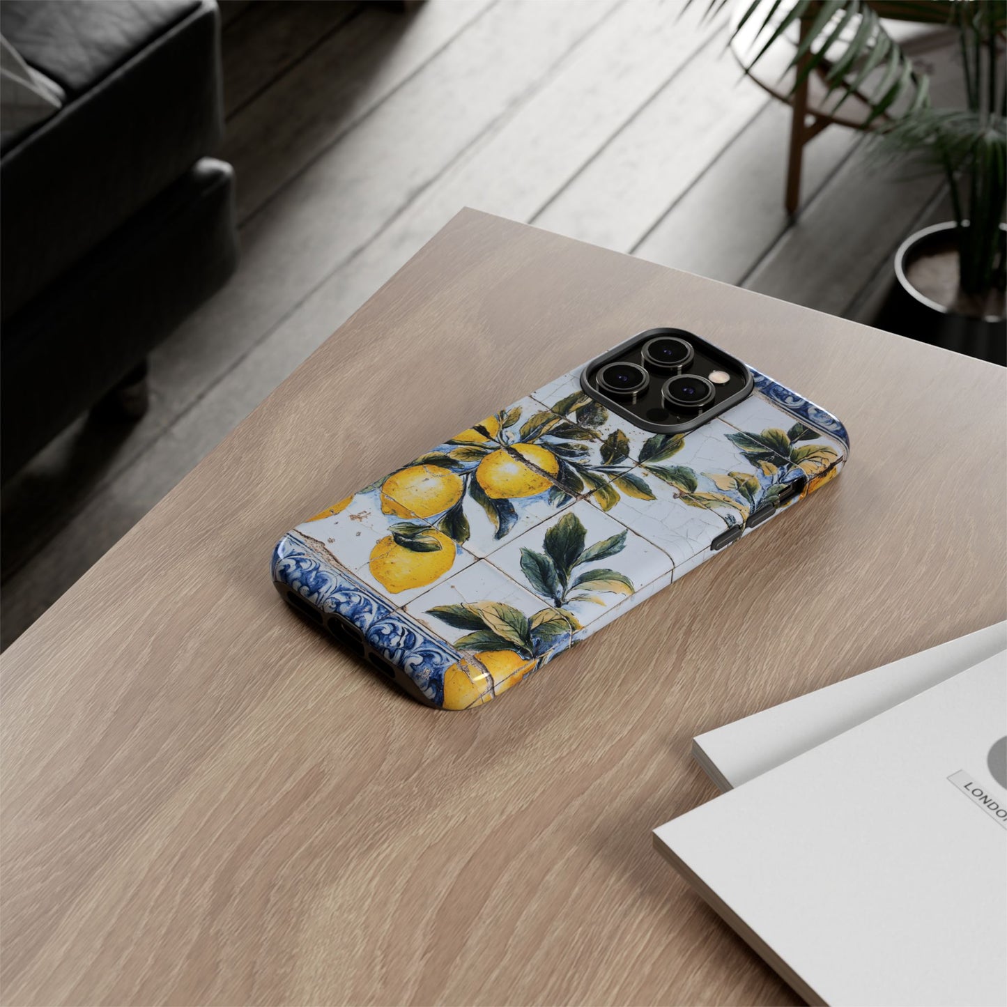 Phone Case, Coastal Tough Case With Lemons in Distressed Ceramic Tile Design, Protective Cover, Summer Accessory, Mediterranean Style iPhone