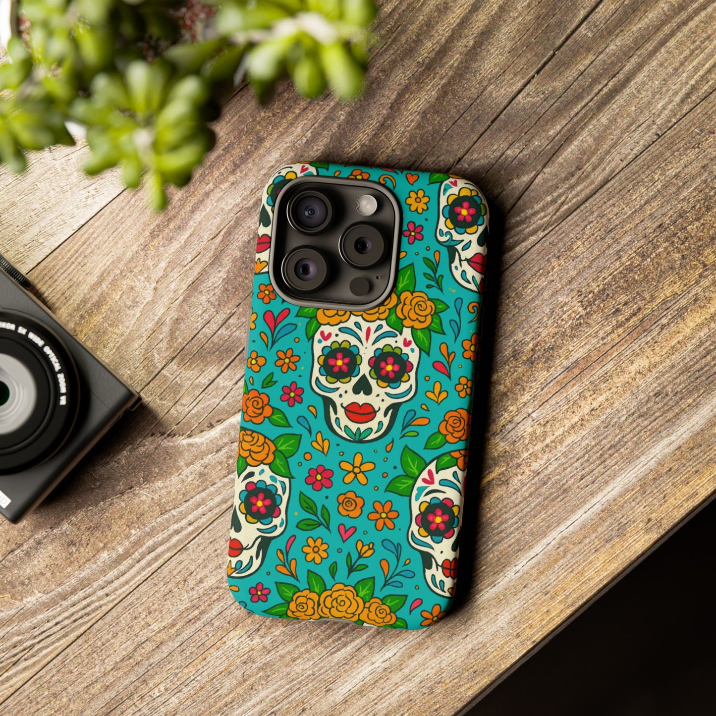 Teal Mexican Style Phone Cases With Floral Skulls - Dia De Los Muertos