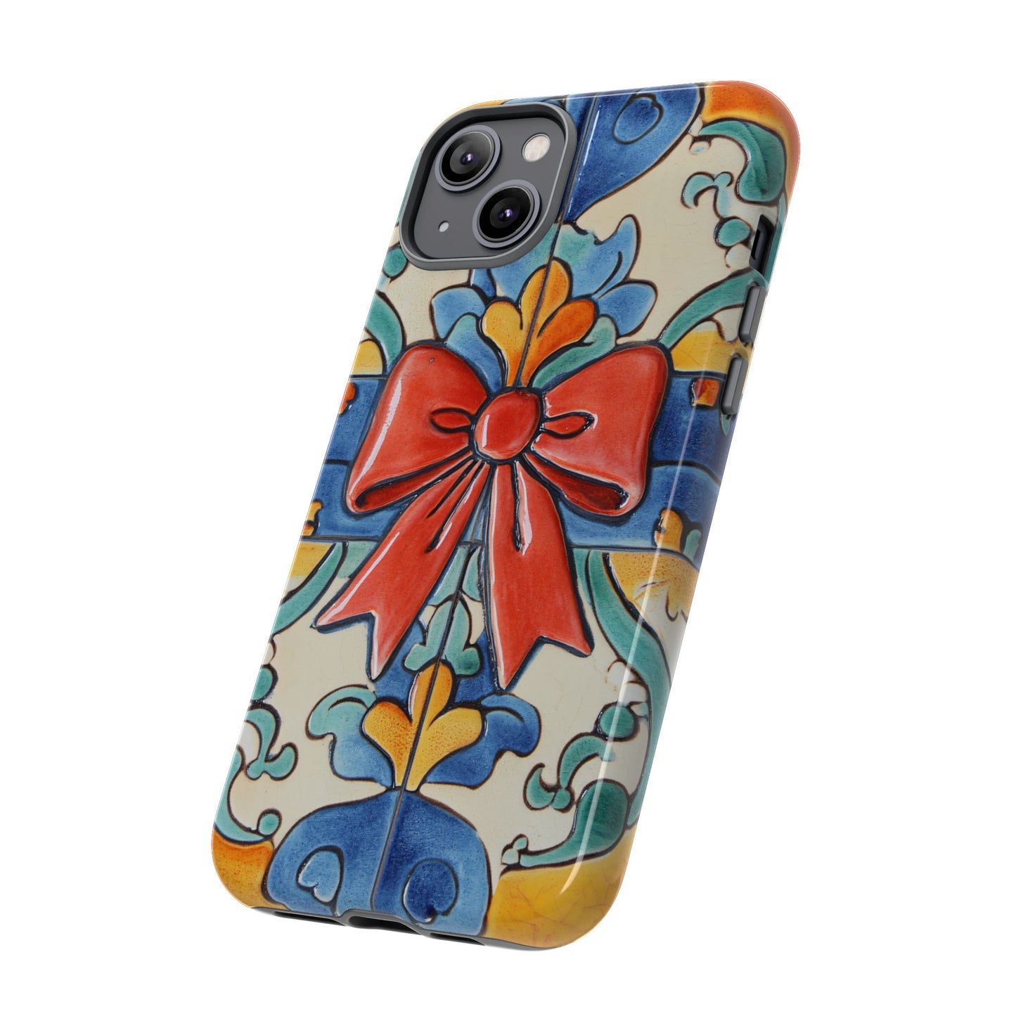 Colourful Ceramic Tile Design Phone Case With Red Bow