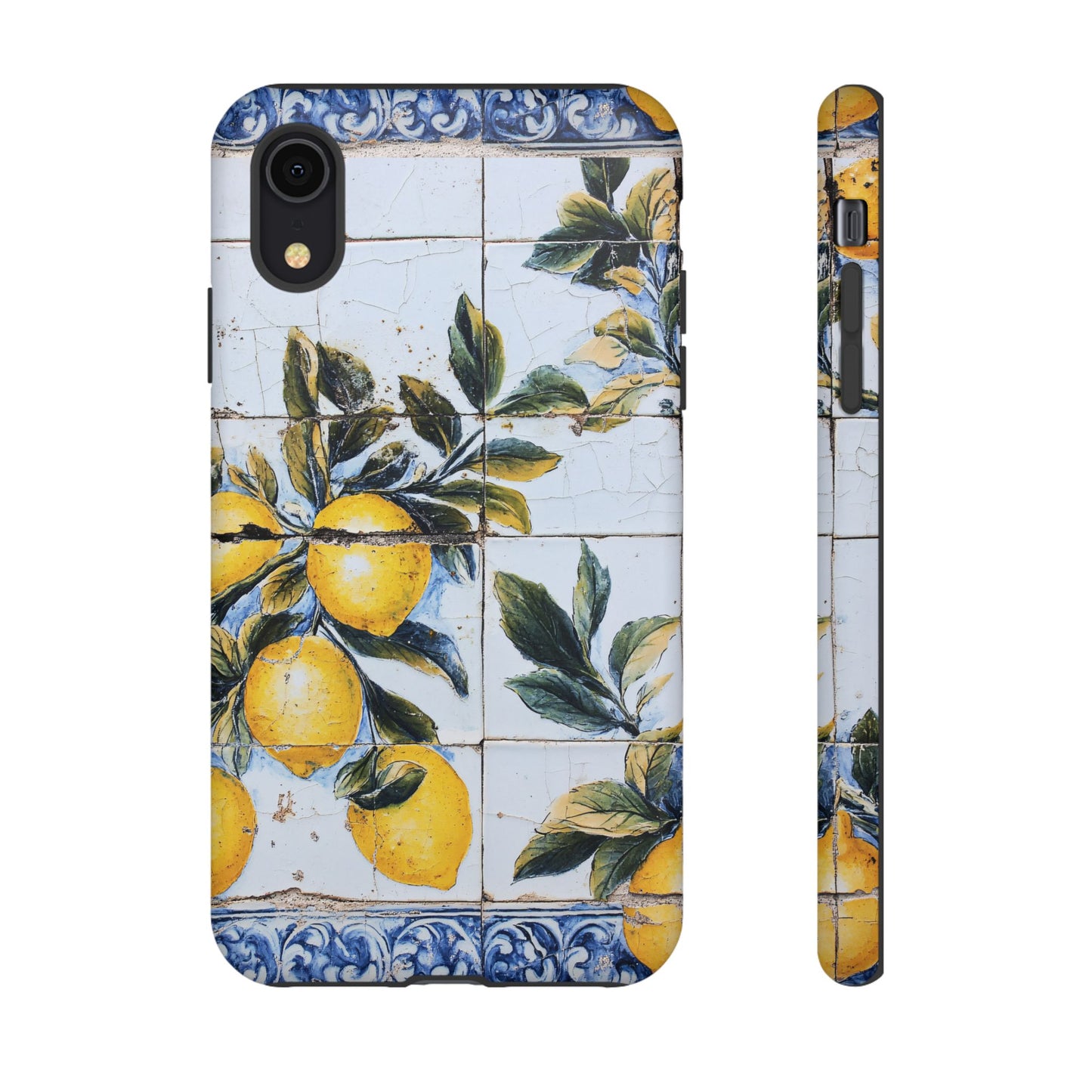 Phone Case, Coastal Tough Case With Lemons in Distressed Ceramic Tile Design, Protective Cover, Summer Accessory, Mediterranean Style iPhone