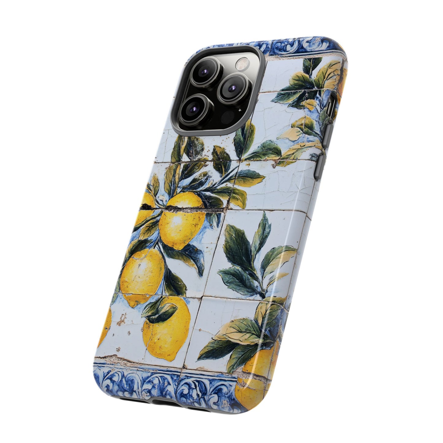 Phone Case, Coastal Tough Case With Lemons in Distressed Ceramic Tile Design, Protective Cover, Summer Accessory, Mediterranean Style iPhone