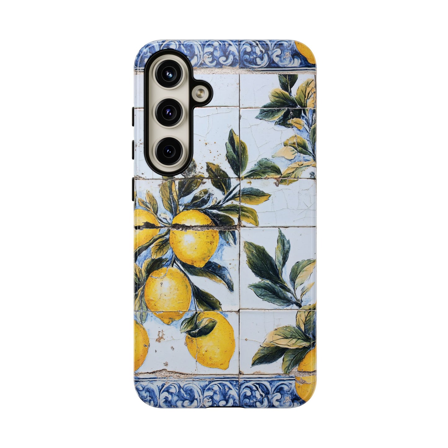 Phone Case, Coastal Tough Case With Lemons in Distressed Ceramic Tile Design, Protective Cover, Summer Accessory, Mediterranean Style iPhone