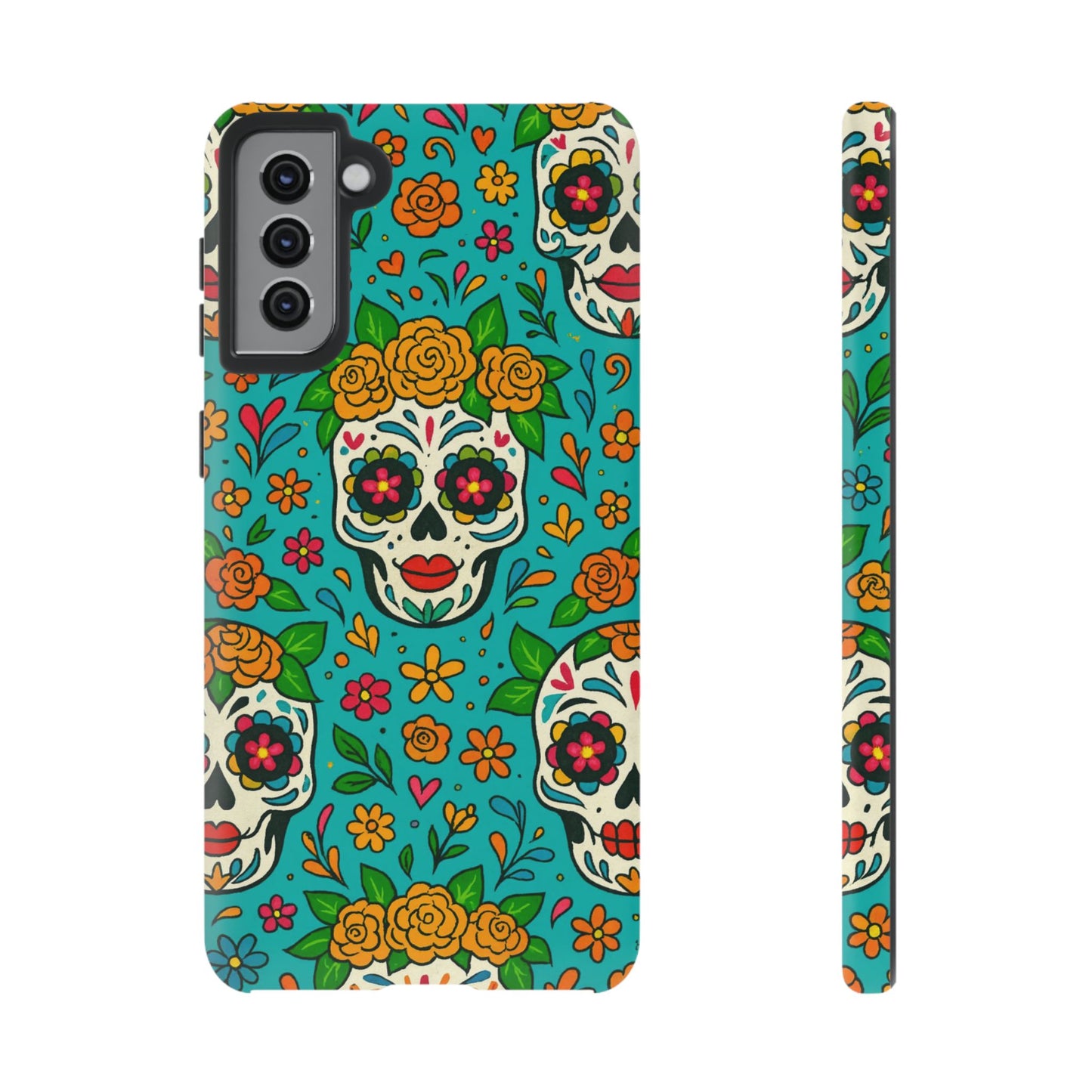 Teal Mexican Style Phone Cases With Floral Skulls - Dia De Los Muertos