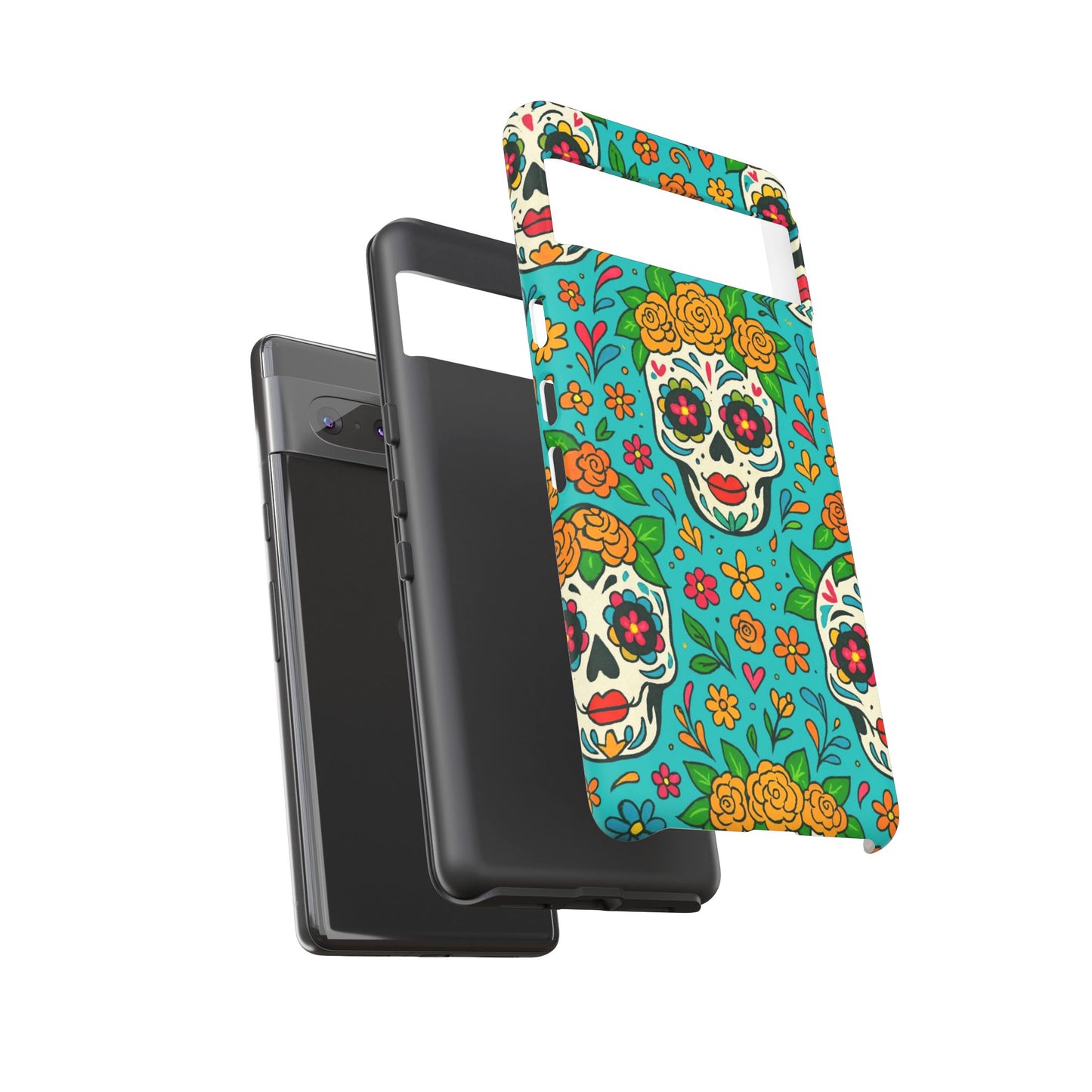 Teal Mexican Style Phone Cases With Floral Skulls - Dia De Los Muertos