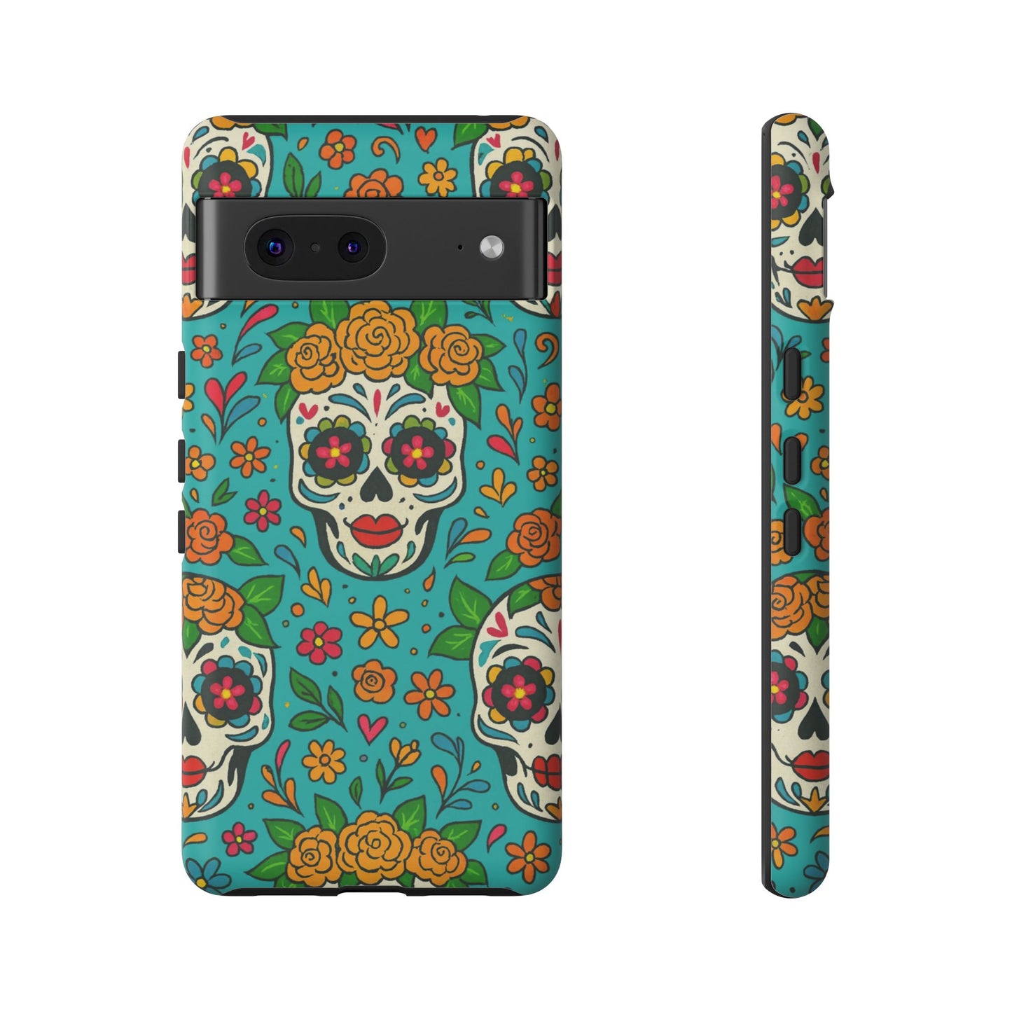 Teal Mexican Style Phone Cases With Floral Skulls - Dia De Los Muertos