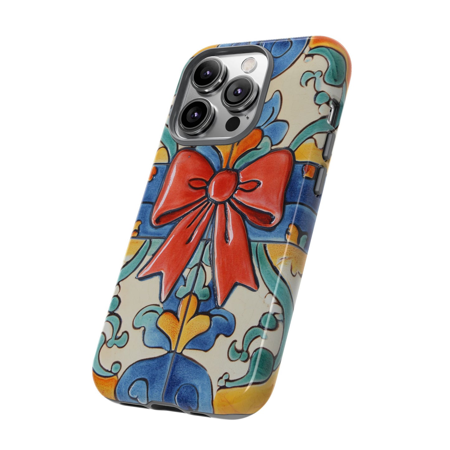 Colourful Ceramic Tile Design Phone Case With Red Bow