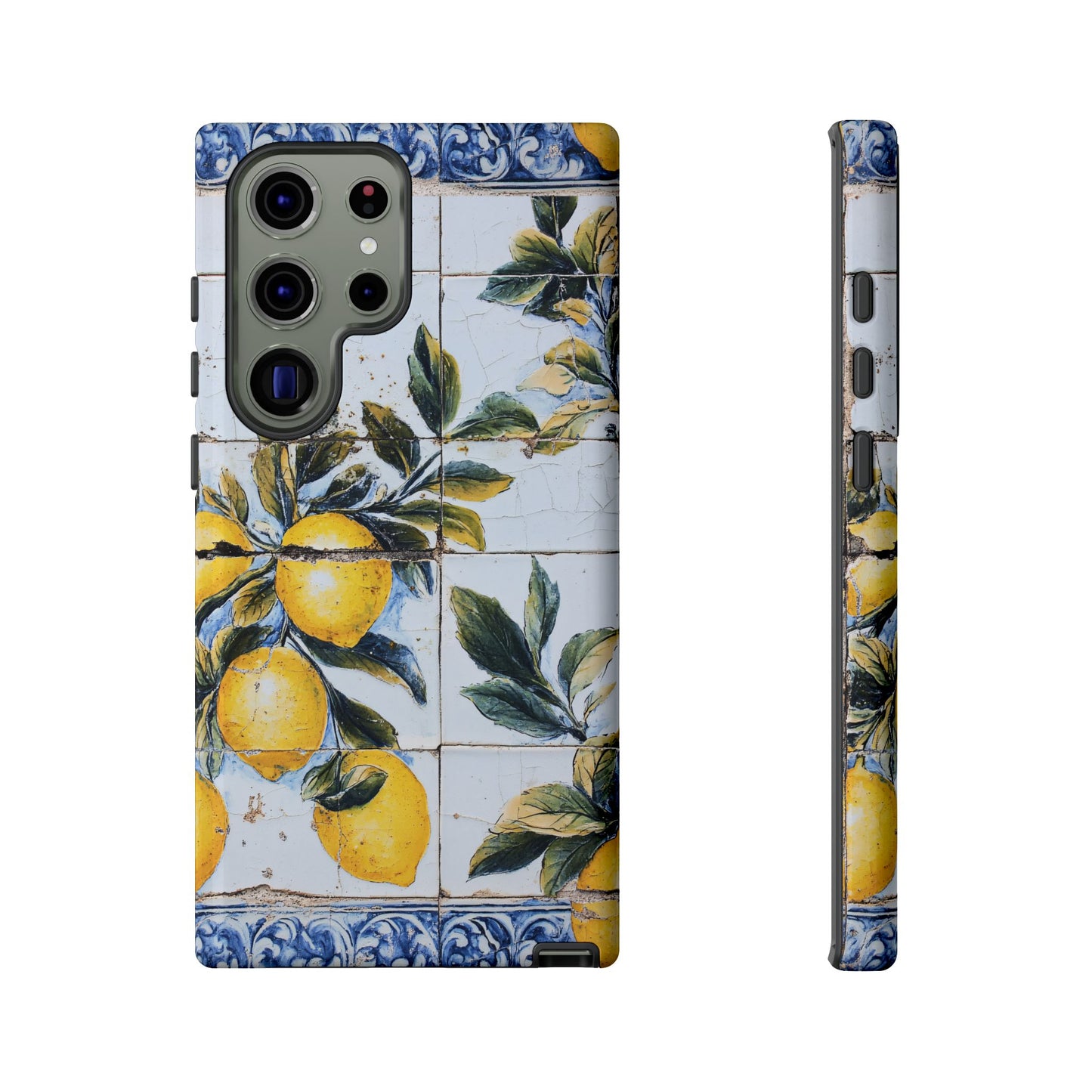 Phone Case, Coastal Tough Case With Lemons in Distressed Ceramic Tile Design, Protective Cover, Summer Accessory, Mediterranean Style iPhone