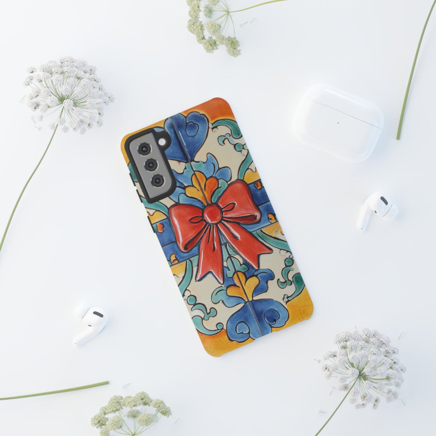 Colourful Ceramic Tile Design Phone Case With Red Bow