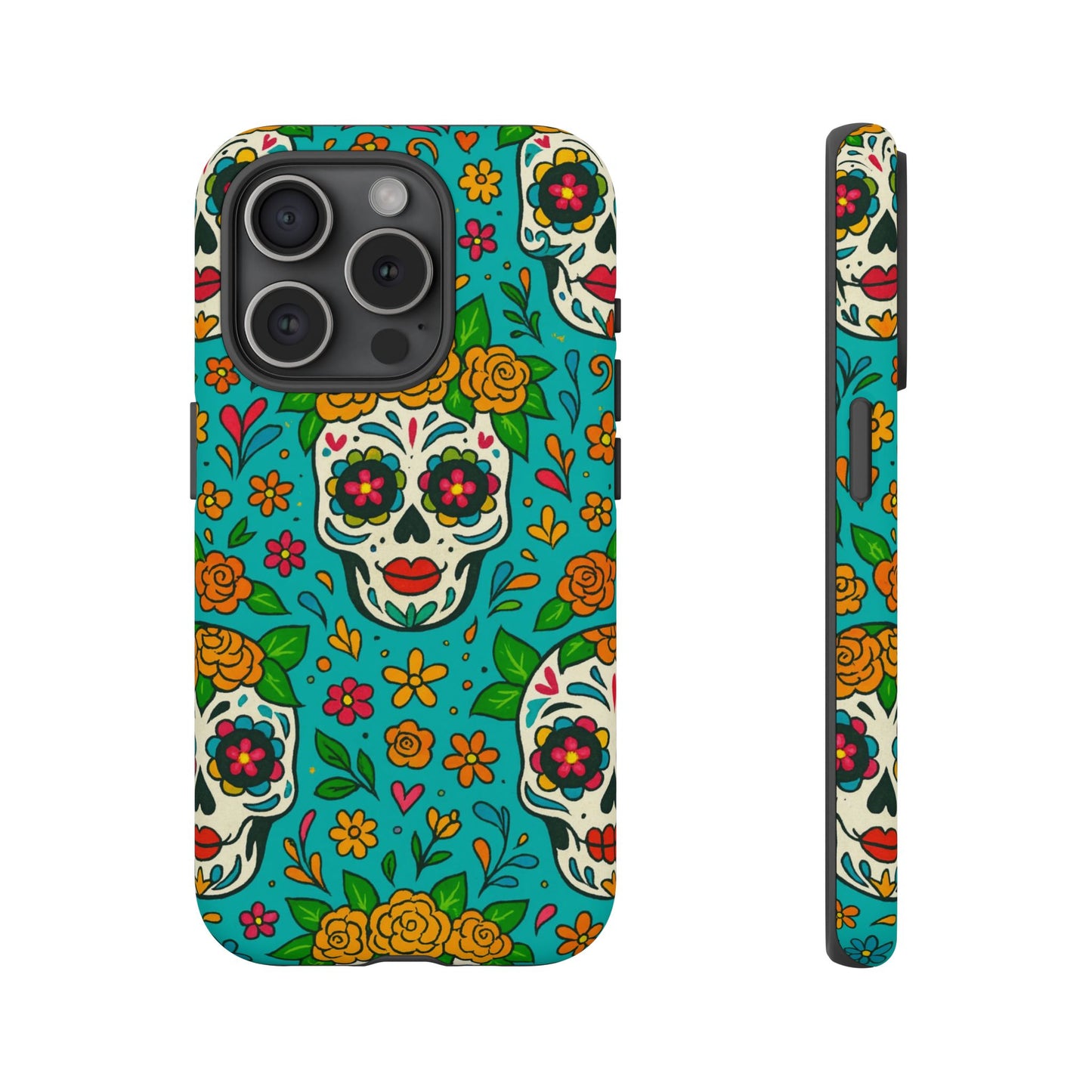 Teal Mexican Style Phone Cases With Floral Skulls - Dia De Los Muertos