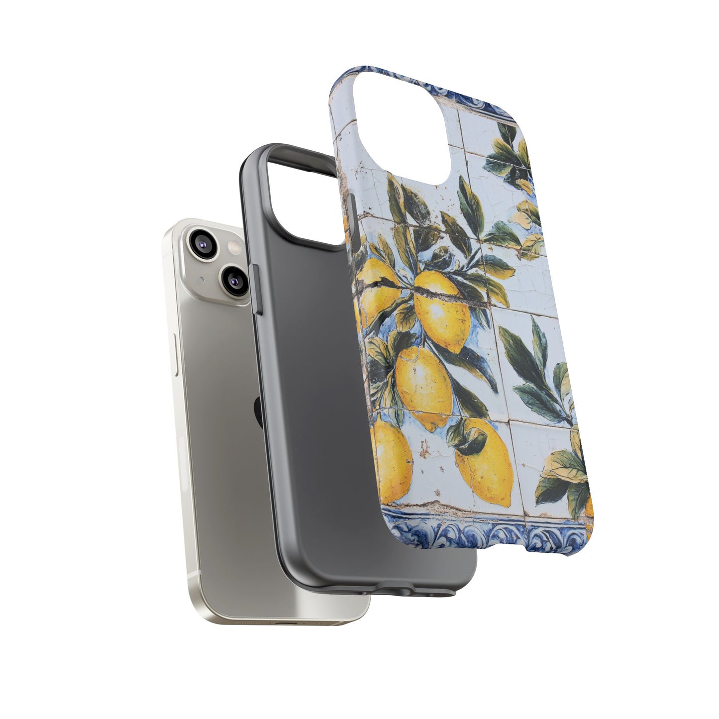 Phone Case, Coastal Tough Case With Lemons in Distressed Ceramic Tile Design, Protective Cover, Summer Accessory, Mediterranean Style iPhone