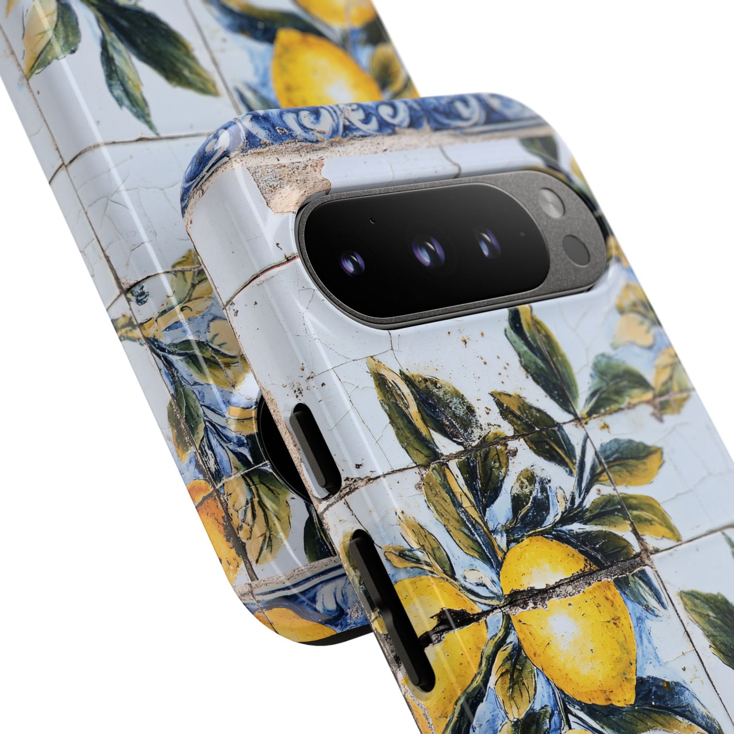 Phone Case, Coastal Tough Case With Lemons in Distressed Ceramic Tile Design, Protective Cover, Summer Accessory, Mediterranean Style iPhone