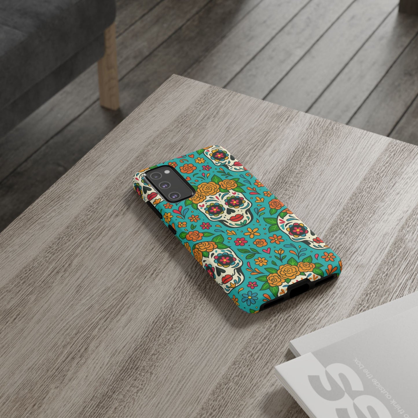 Teal Mexican Style Phone Cases With Floral Skulls - Dia De Los Muertos