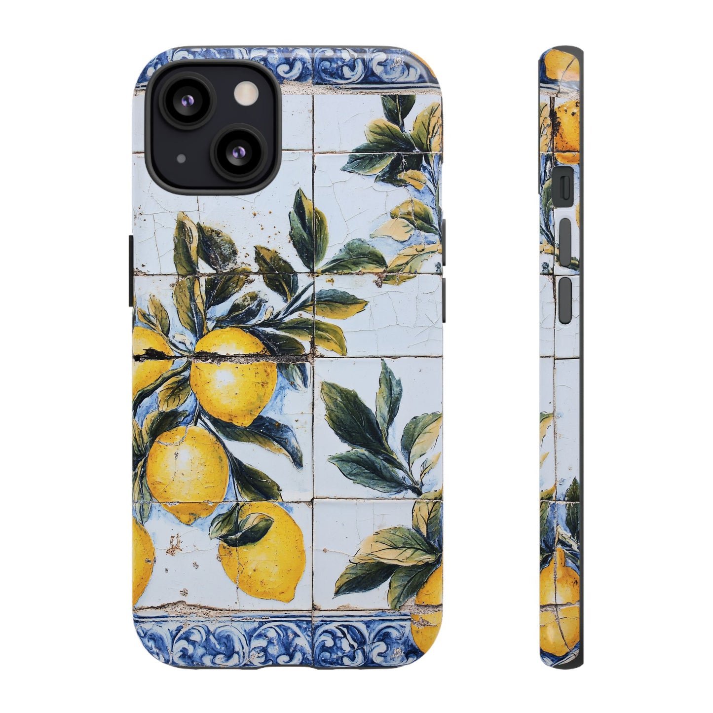 Phone Case, Coastal Tough Case With Lemons in Distressed Ceramic Tile Design, Protective Cover, Summer Accessory, Mediterranean Style iPhone