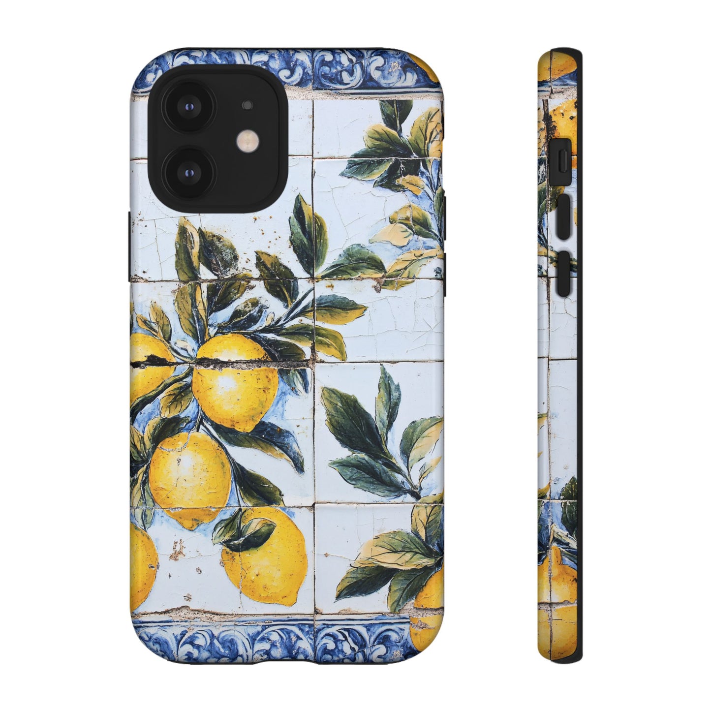 Phone Case, Coastal Tough Case With Lemons in Distressed Ceramic Tile Design, Protective Cover, Summer Accessory, Mediterranean Style iPhone
