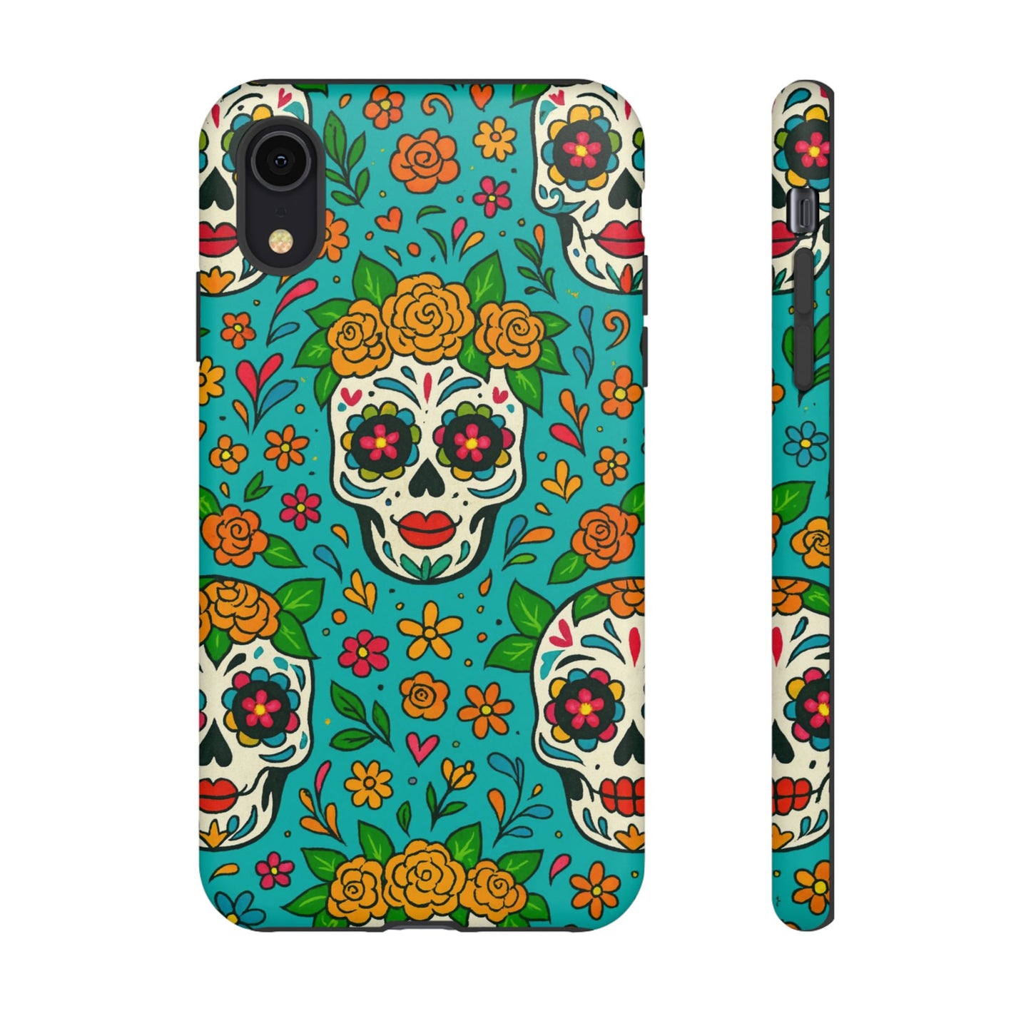 Teal Mexican Style Phone Cases With Floral Skulls - Dia De Los Muertos