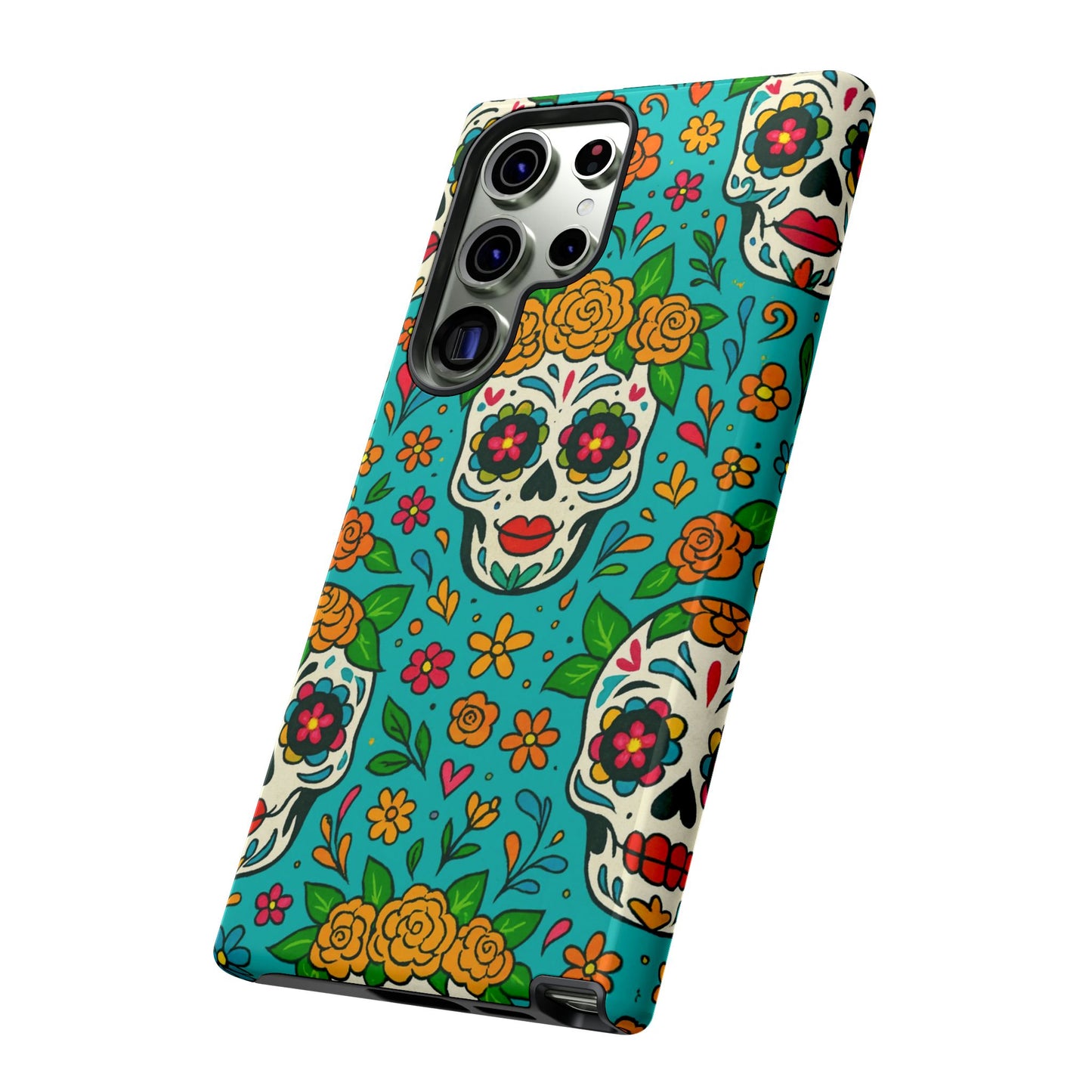 Teal Mexican Style Phone Cases With Floral Skulls - Dia De Los Muertos
