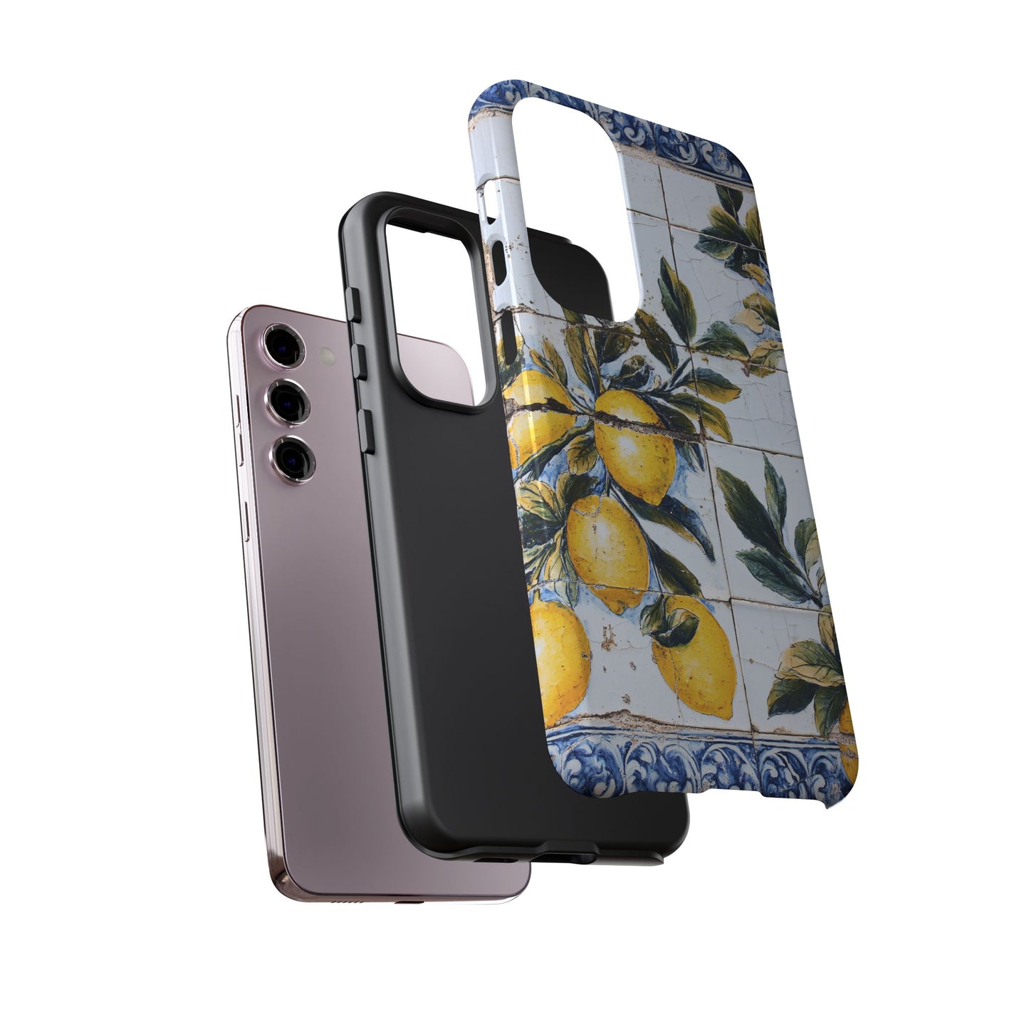 Phone Case, Coastal Tough Case With Lemons in Distressed Ceramic Tile Design, Protective Cover, Summer Accessory, Mediterranean Style iPhone