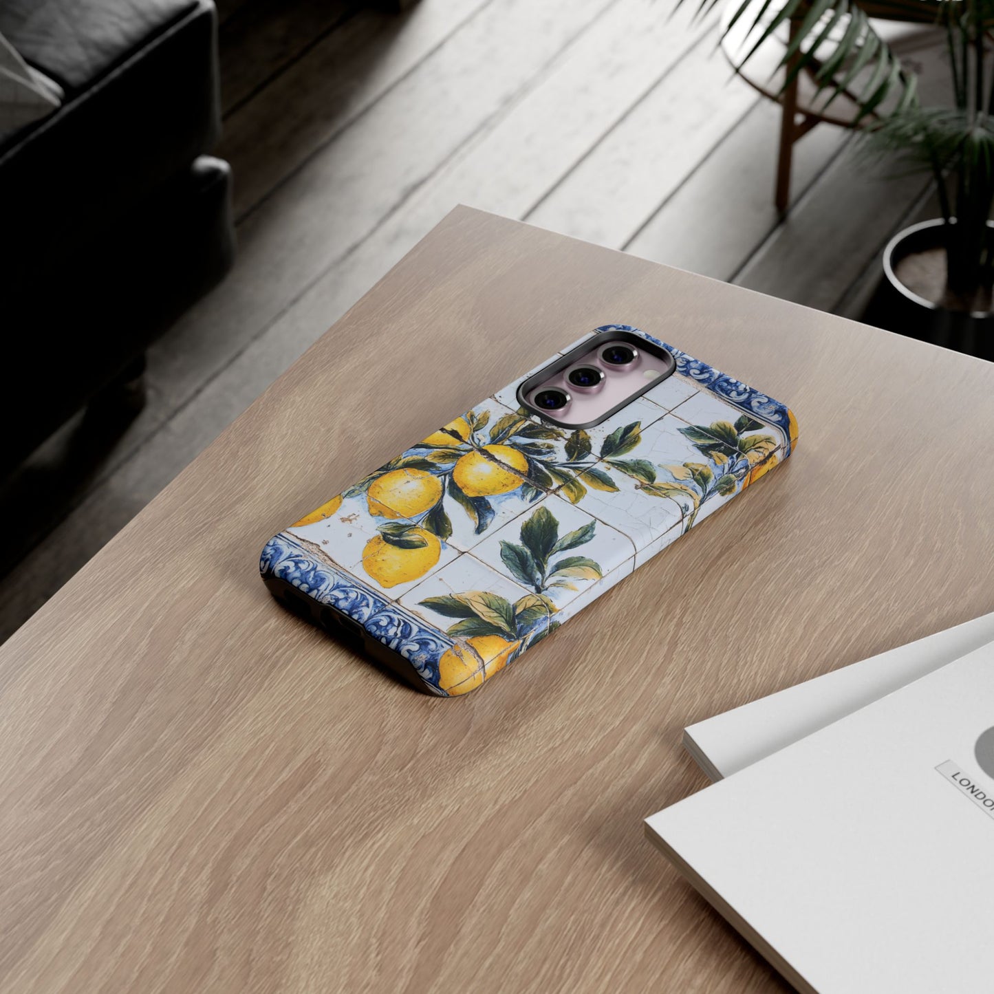 Phone Case, Coastal Tough Case With Lemons in Distressed Ceramic Tile Design, Protective Cover, Summer Accessory, Mediterranean Style iPhone