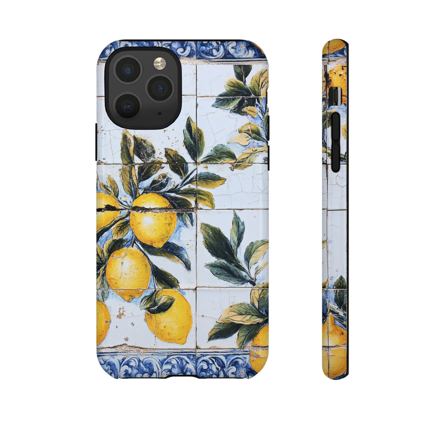 Phone Case, Coastal Tough Case With Lemons in Distressed Ceramic Tile Design, Protective Cover, Summer Accessory, Mediterranean Style iPhone