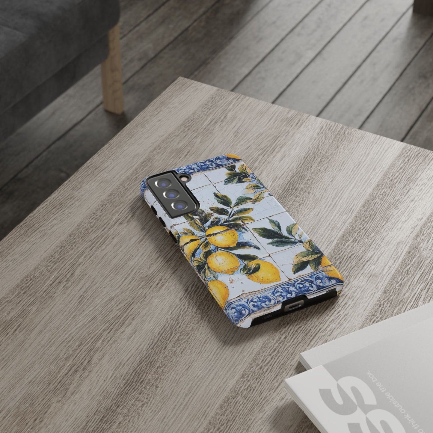 Phone Case, Coastal Tough Case With Lemons in Distressed Ceramic Tile Design, Protective Cover, Summer Accessory, Mediterranean Style iPhone