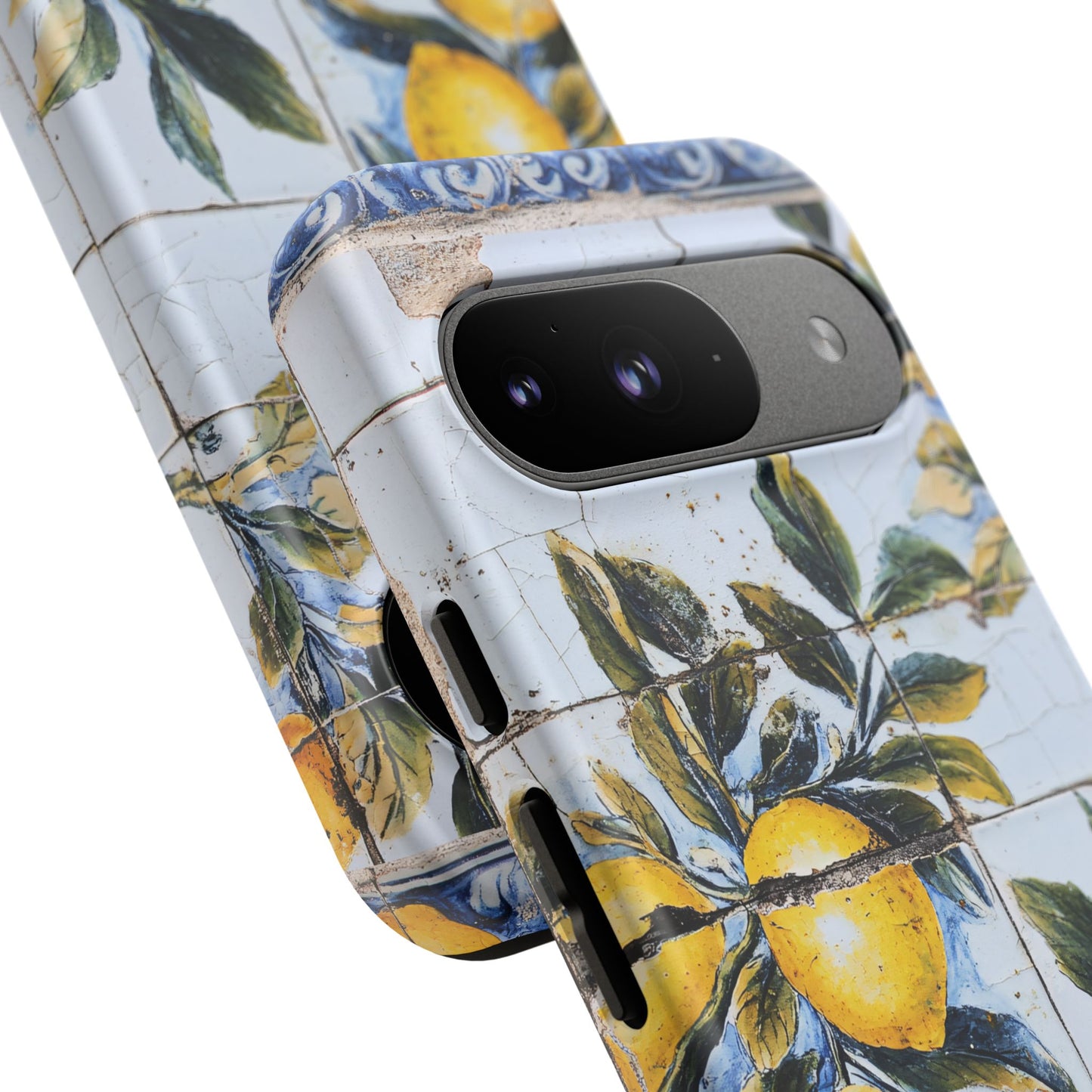 Phone Case, Coastal Tough Case With Lemons in Distressed Ceramic Tile Design, Protective Cover, Summer Accessory, Mediterranean Style iPhone