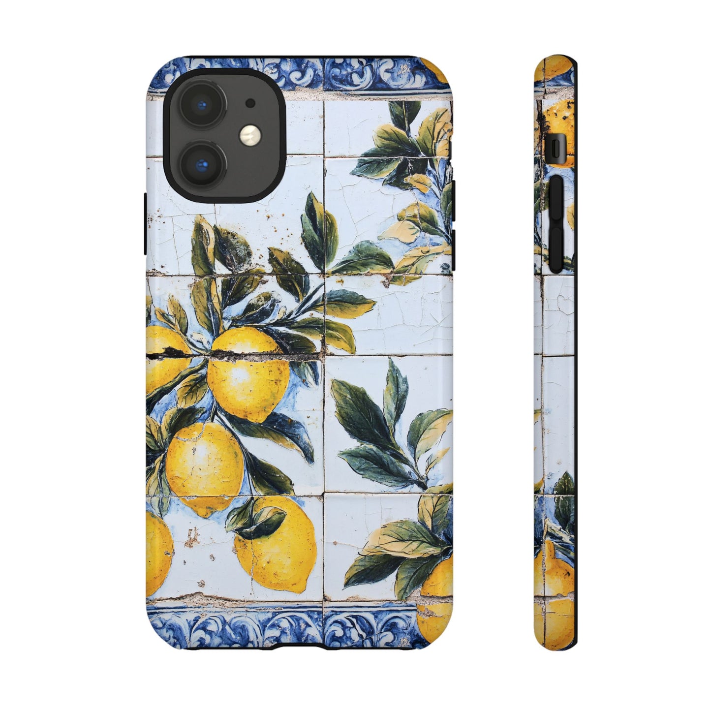 Phone Case, Coastal Tough Case With Lemons in Distressed Ceramic Tile Design, Protective Cover, Summer Accessory, Mediterranean Style iPhone