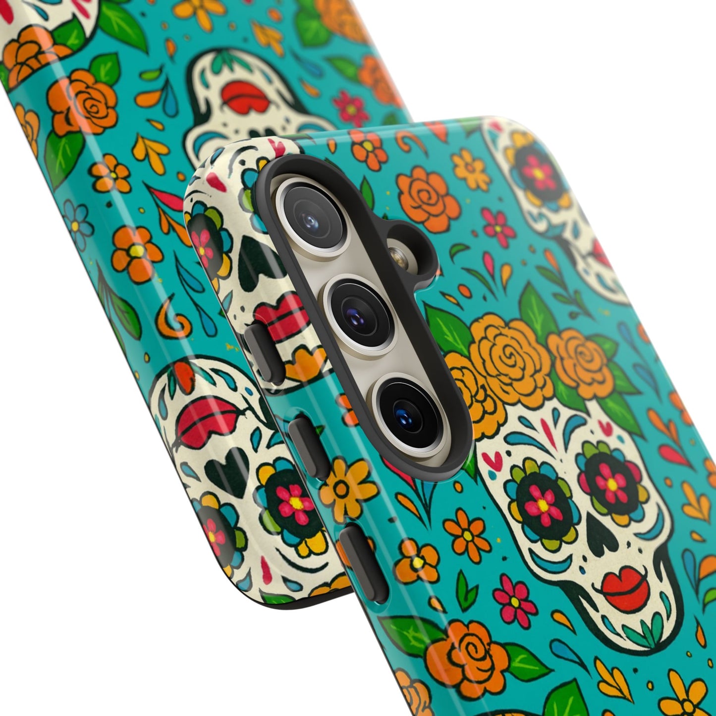 Teal Mexican Style Phone Cases With Floral Skulls - Dia De Los Muertos