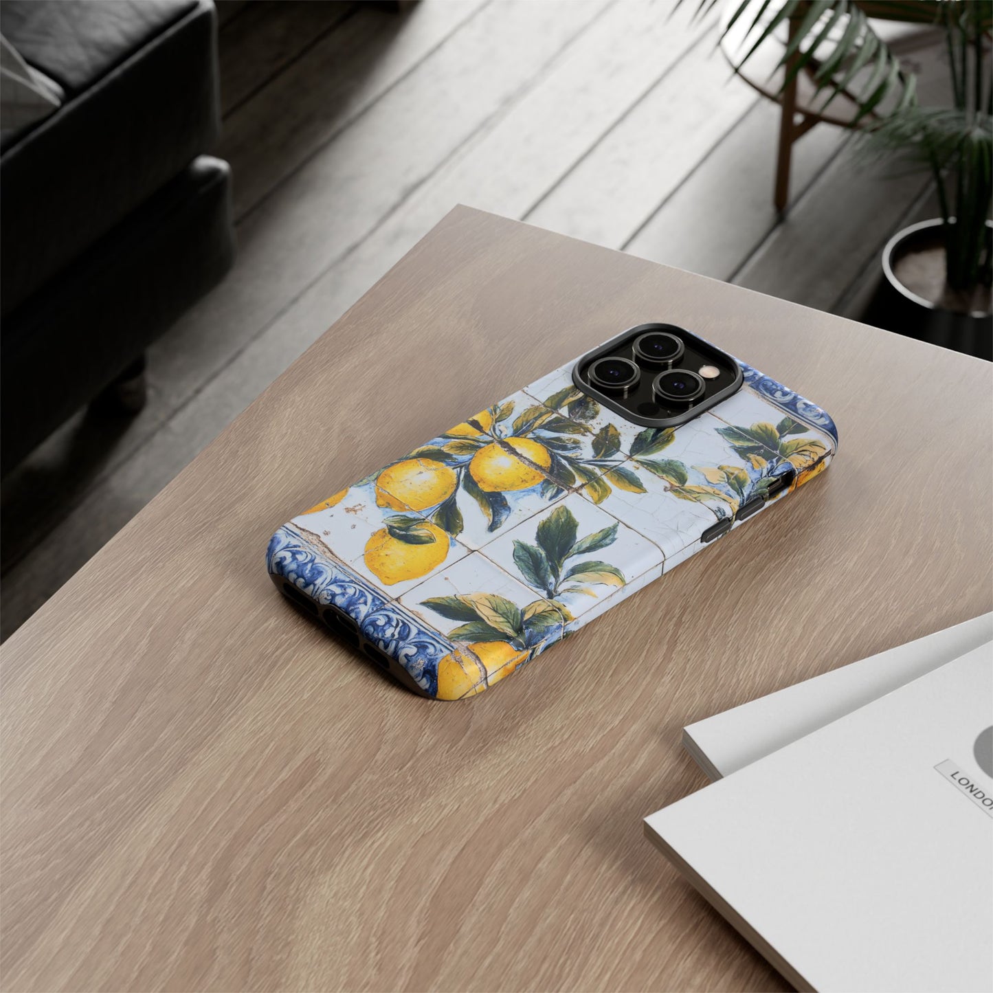 Phone Case, Coastal Tough Case With Lemons in Distressed Ceramic Tile Design, Protective Cover, Summer Accessory, Mediterranean Style iPhone