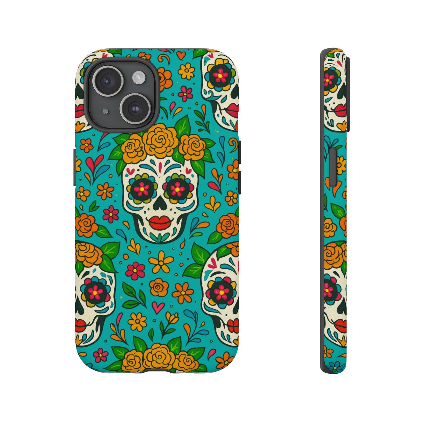 Teal Mexican Style Phone Cases With Floral Skulls - Dia De Los Muertos