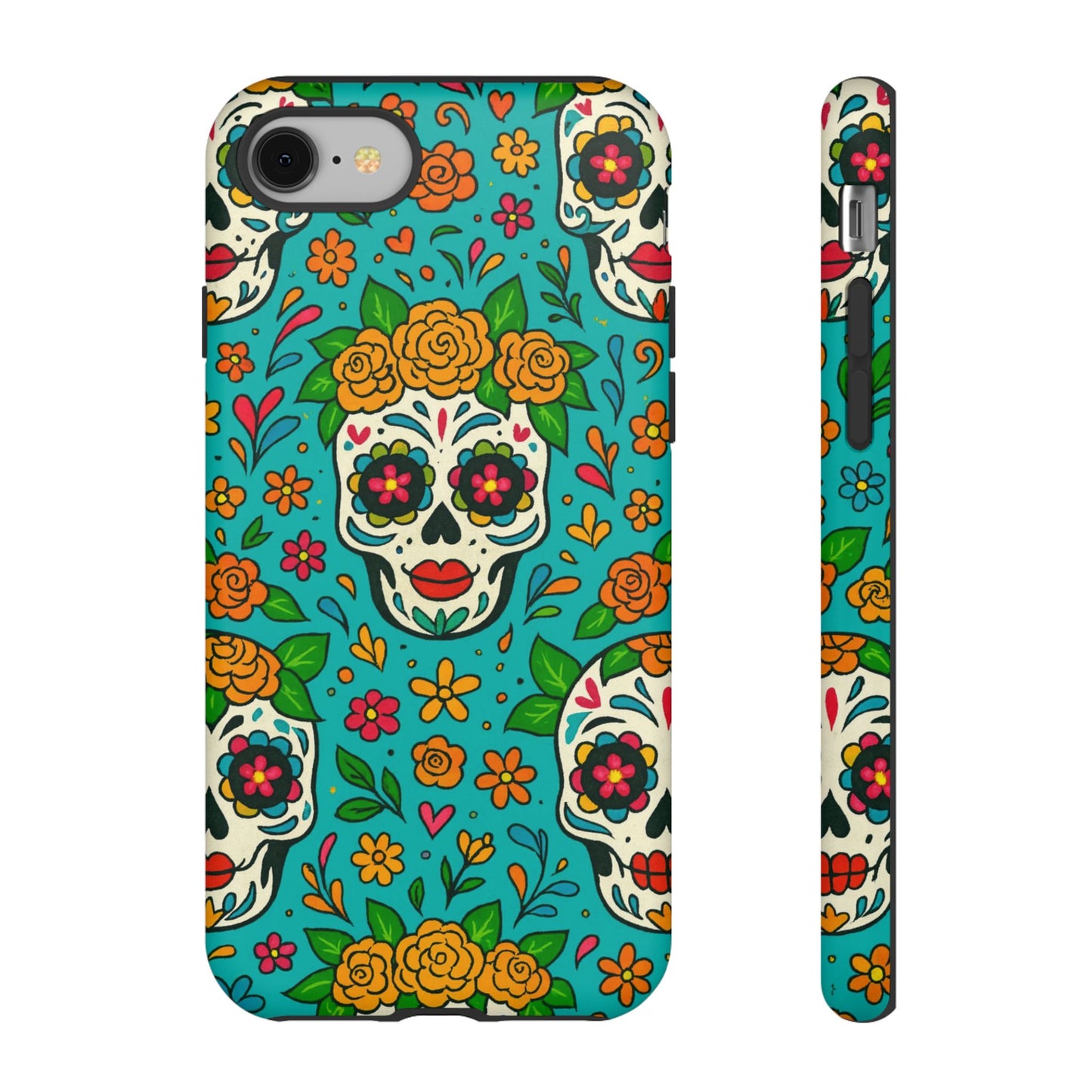 Teal Mexican Style Phone Cases With Floral Skulls - Dia De Los Muertos