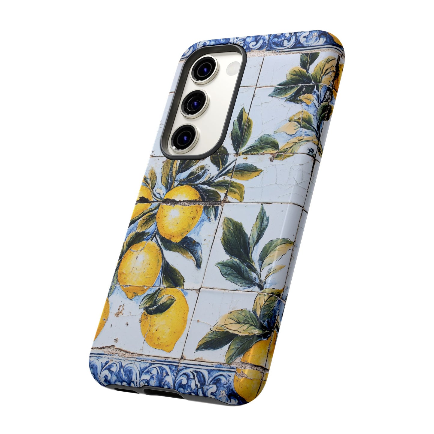 Phone Case, Coastal Tough Case With Lemons in Distressed Ceramic Tile Design, Protective Cover, Summer Accessory, Mediterranean Style iPhone